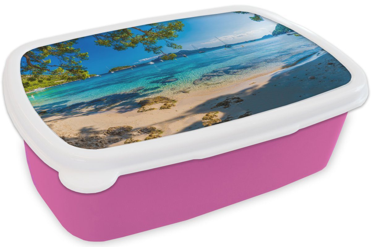 MuchoWow Lunchbox Strand - Boot Meer Brotdose Mädchen, Snackbox, Kunststoff, Erwachsene, Kinder, Kunststoff - rosa Brotbox (2-tlg), - Mallorca, für