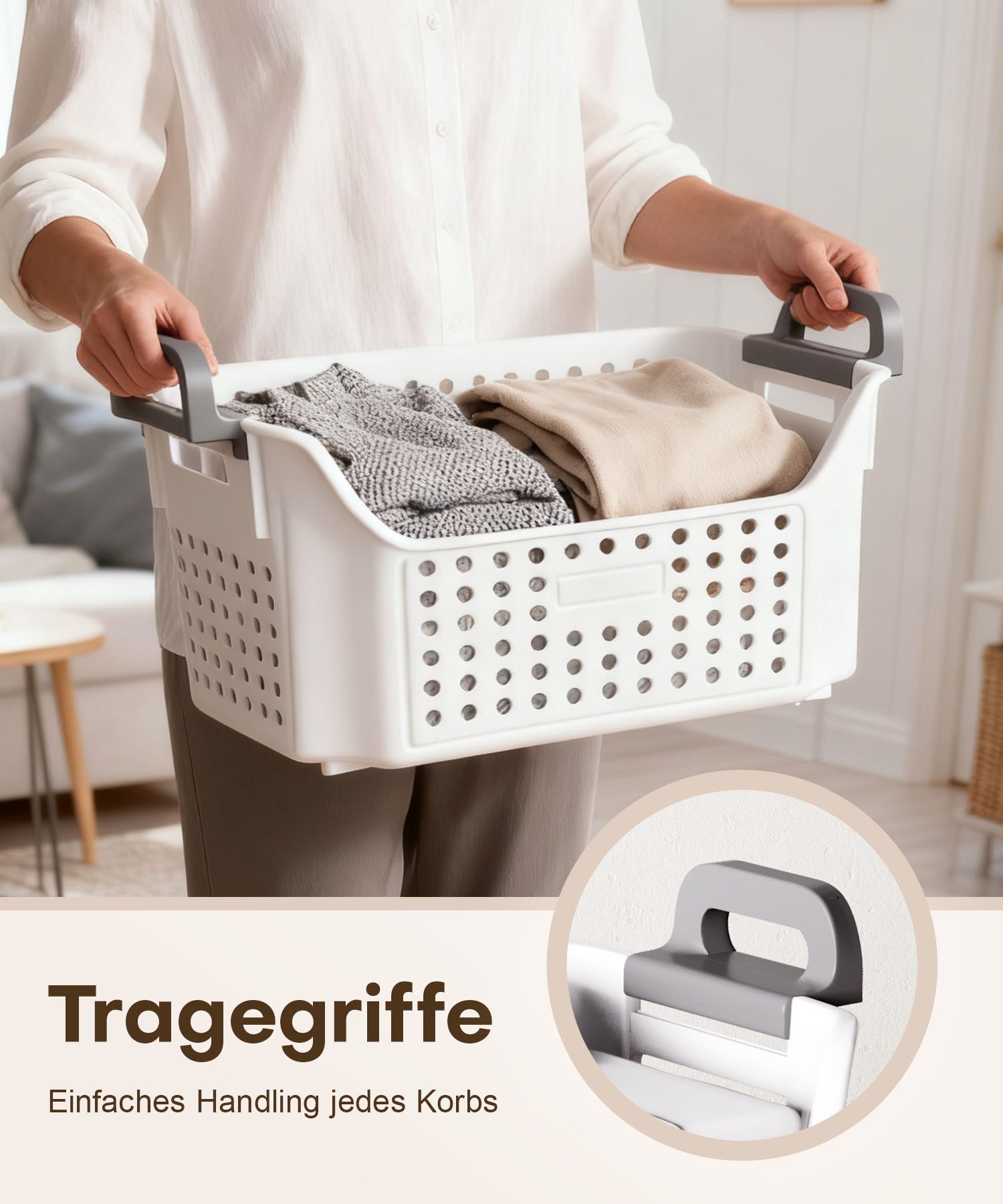 Yorbay Wäschekorb Wäschewagen mit Rollen (3 St., mit 2 kleinen + 1 großem Korb, Stapelbar), Praktischer Wäschesammler für Bad & Waschkeller – Bild 5 von 5