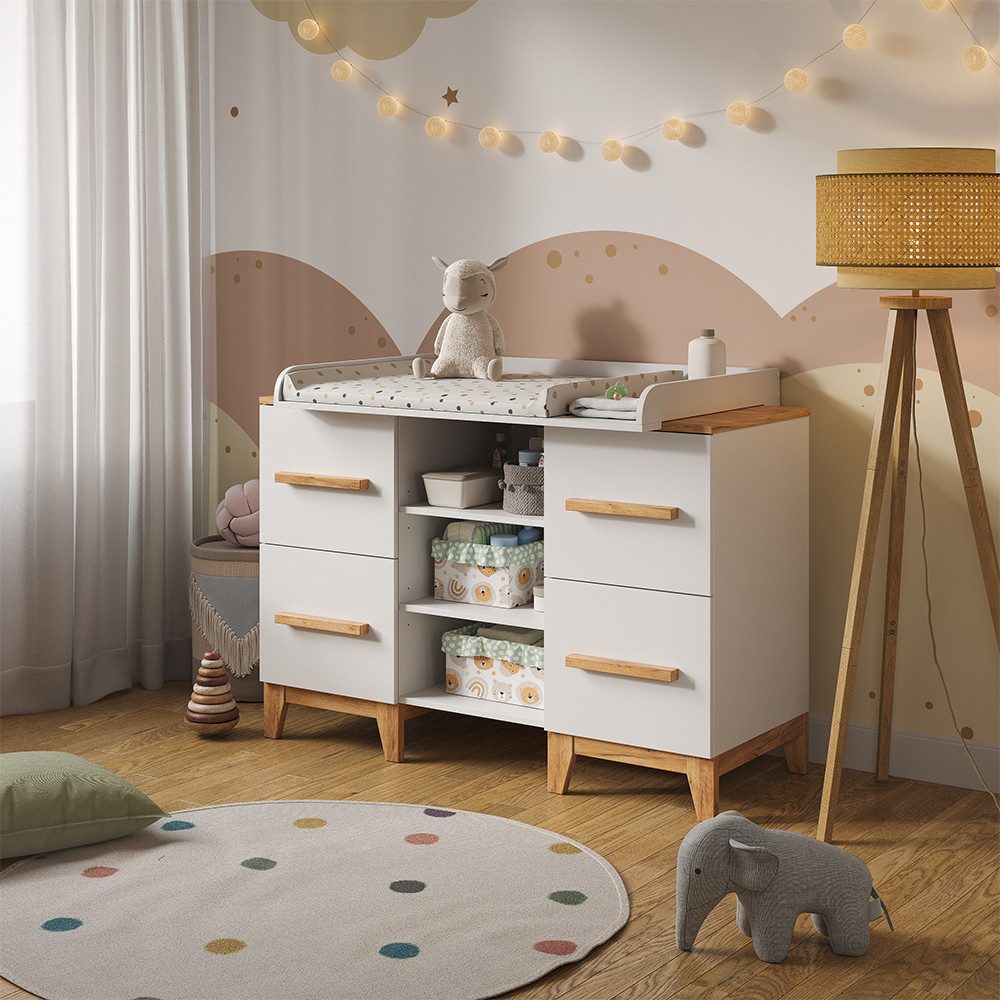 VitaliSpa® Wickelkommode Malia, Weiß/Artisan/Artisan, 133 x 98 cm XL mit 4 Schubladen