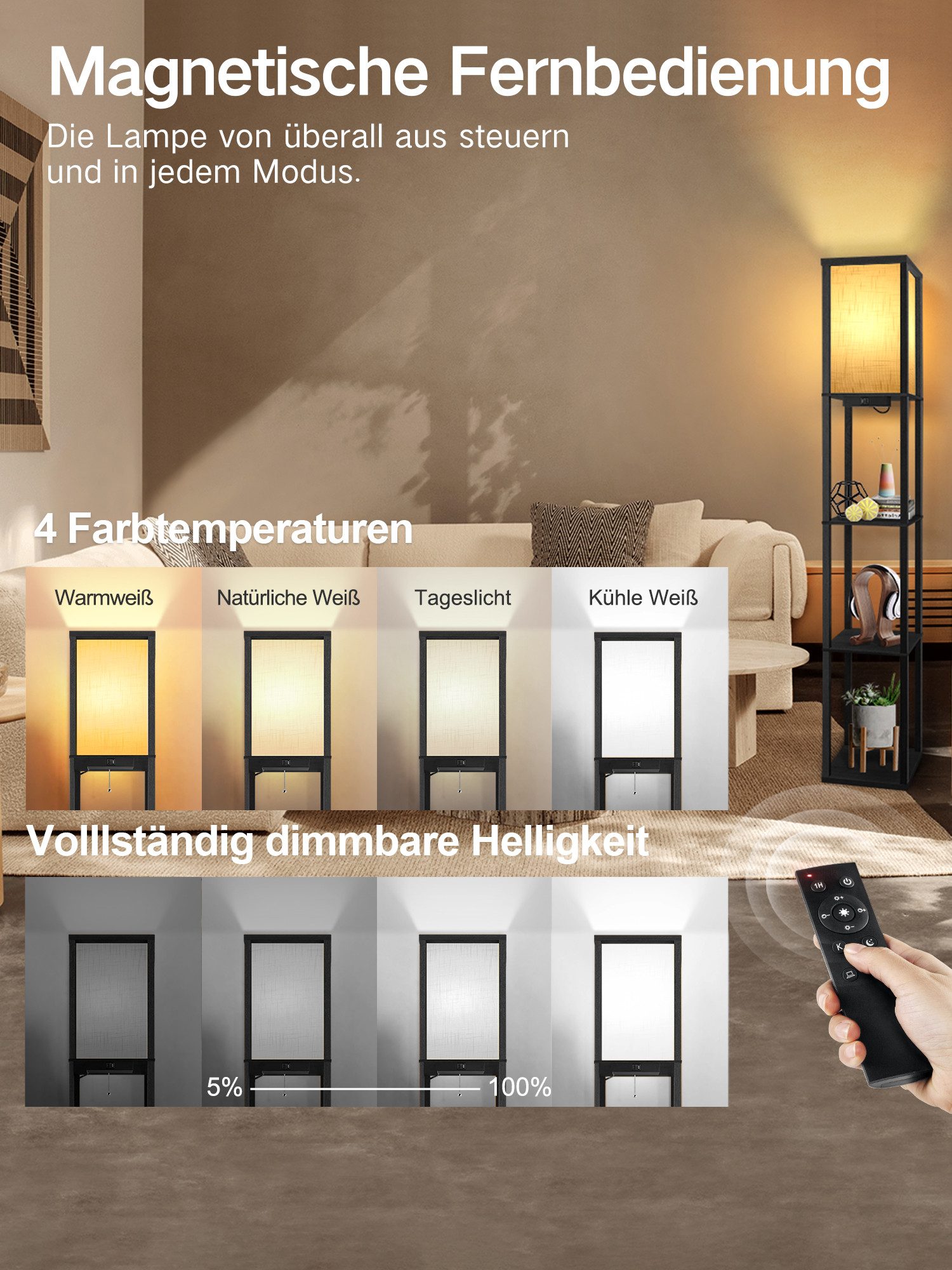OUTON LED Stehlampe Regal mit Fernbedienung, 2 USB-Anschlüsse und 1H Timer, LED wechselbar, mit eleganter Holzoberfläche und Leinenschirm – Bild 3 von 5
