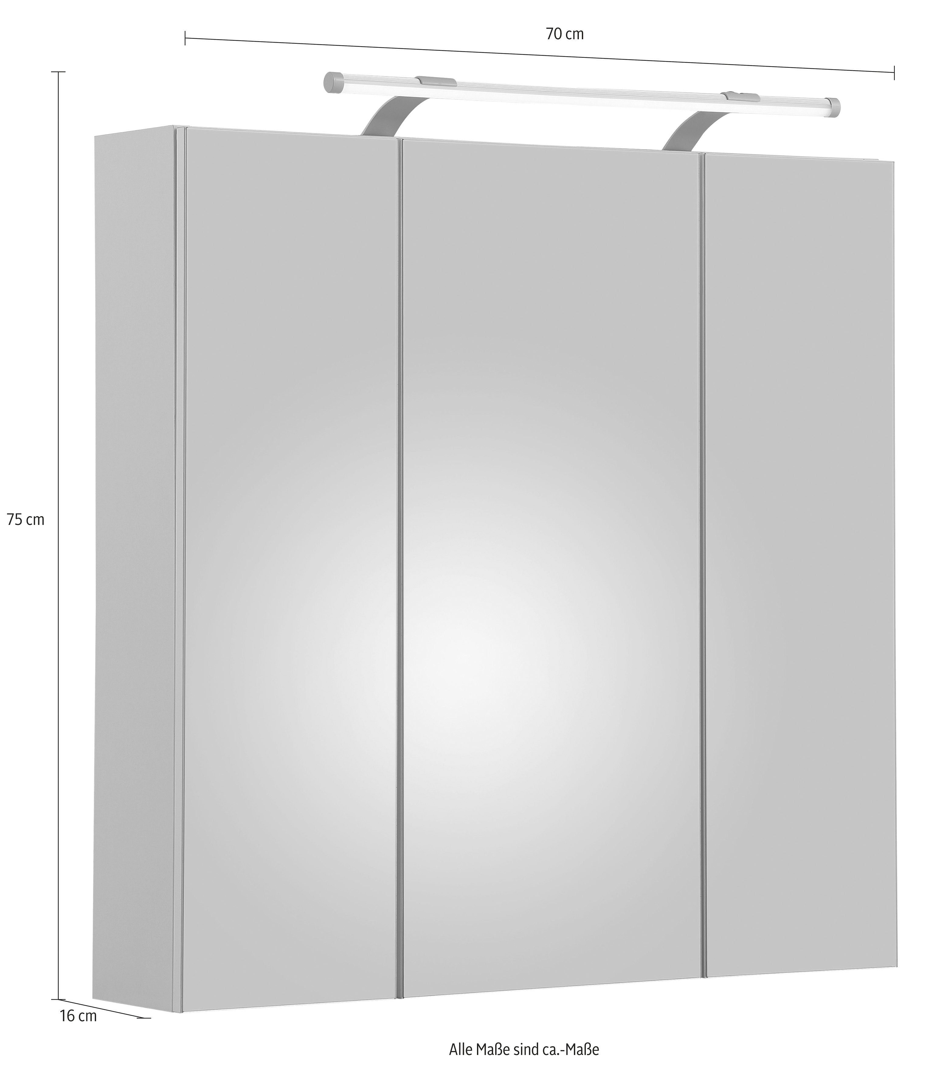 Schildmeyer Spiegelschrank Dorina, mit höhenverstellbaren Glasböden made in Germany Breite 70 cm, 3-türig, LED-Beleuchtung, Schalter-/Steckdosenbox