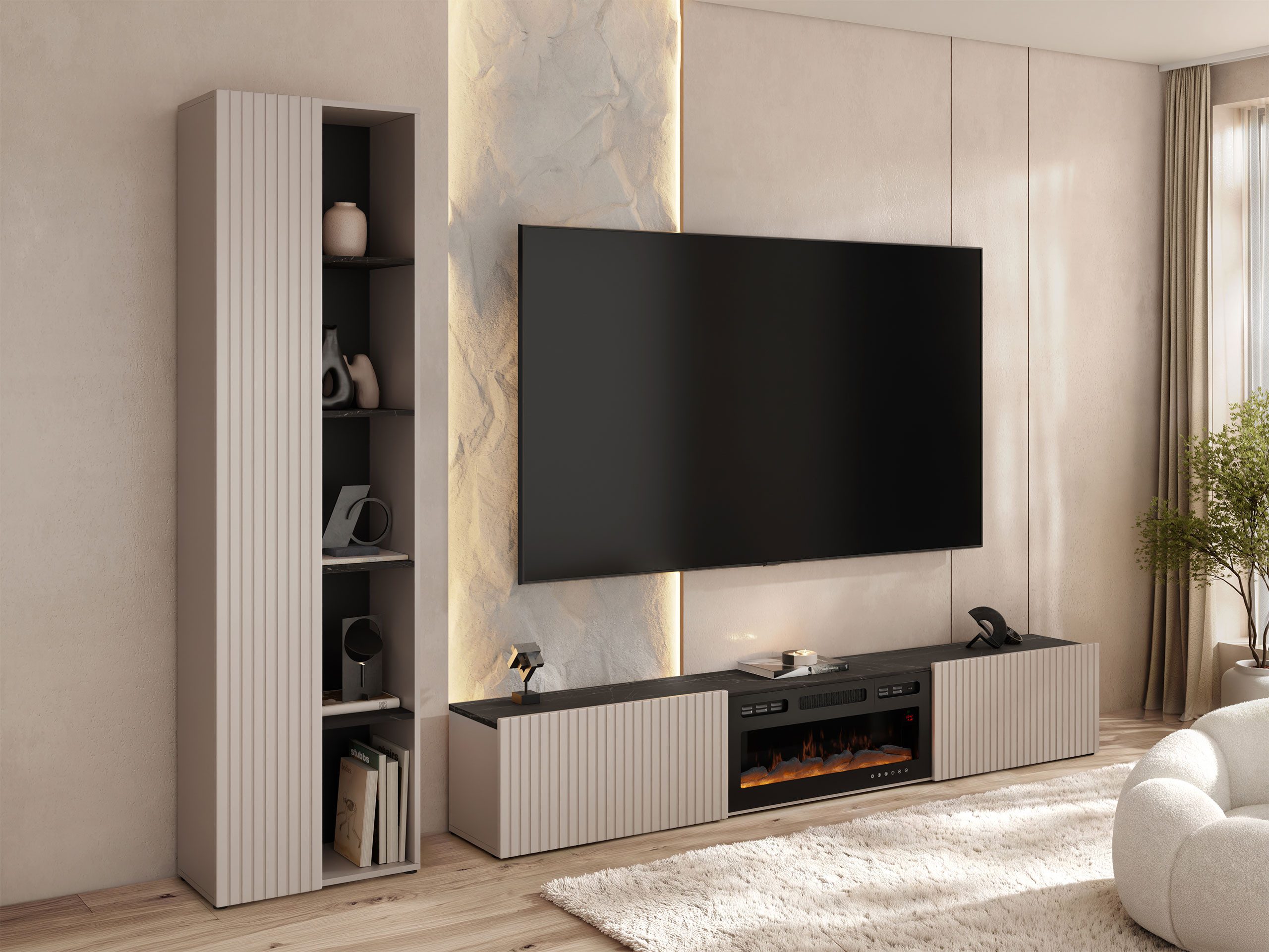 MIRJAN24 Wohnwand Helotis mit Kamin, (2er-Set, TV-Lowboard, Hochvitrine), Realistische LED-Flamme, Griffloses Öffnungssystem – Bild 3 von 5