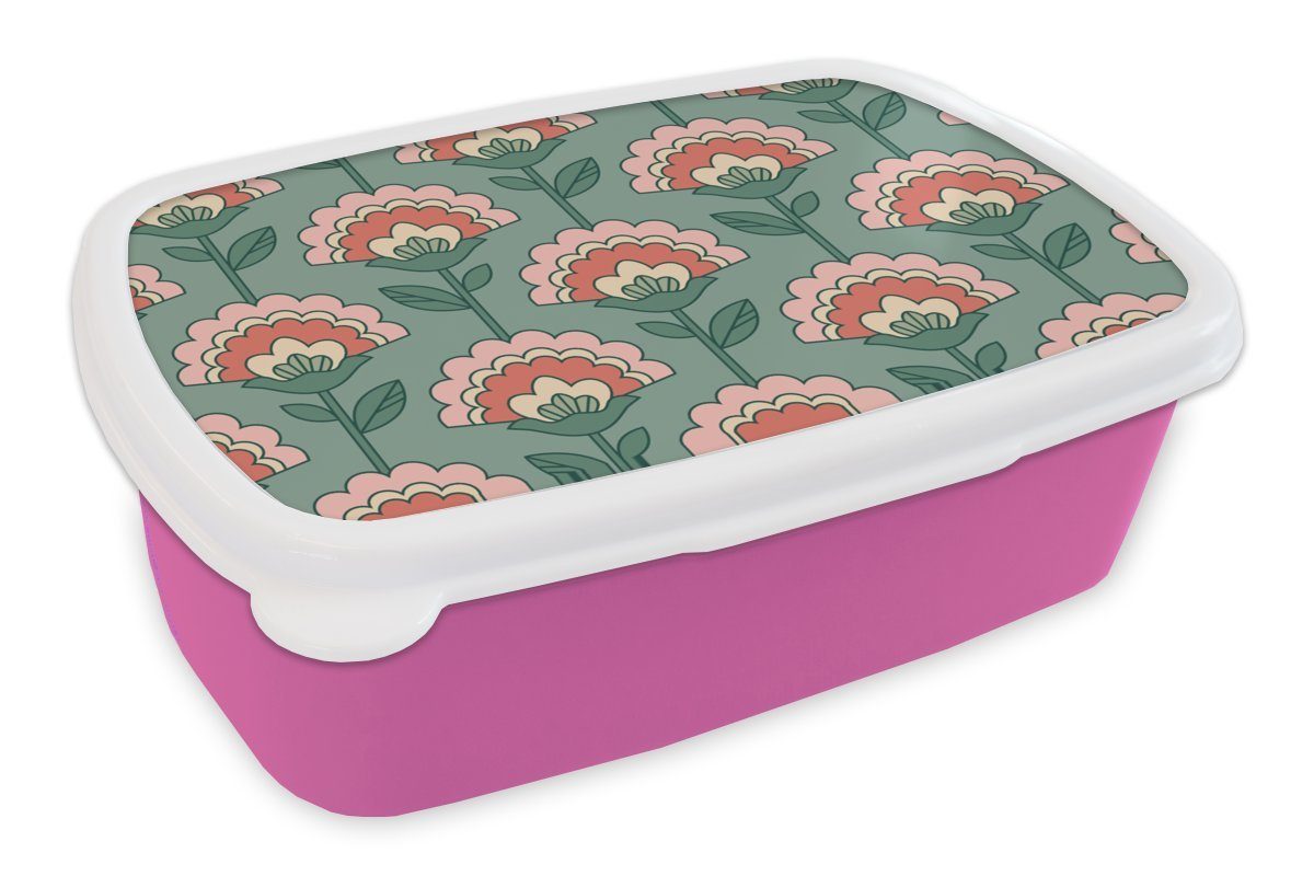 MuchoWow Lunchbox Blumen - Retro - Muster, Kunststoff, (2-tlg), Brotbox für Erwachsene, Brotdose Kinder, Snackbox, Mädchen, Kunststoff rosa