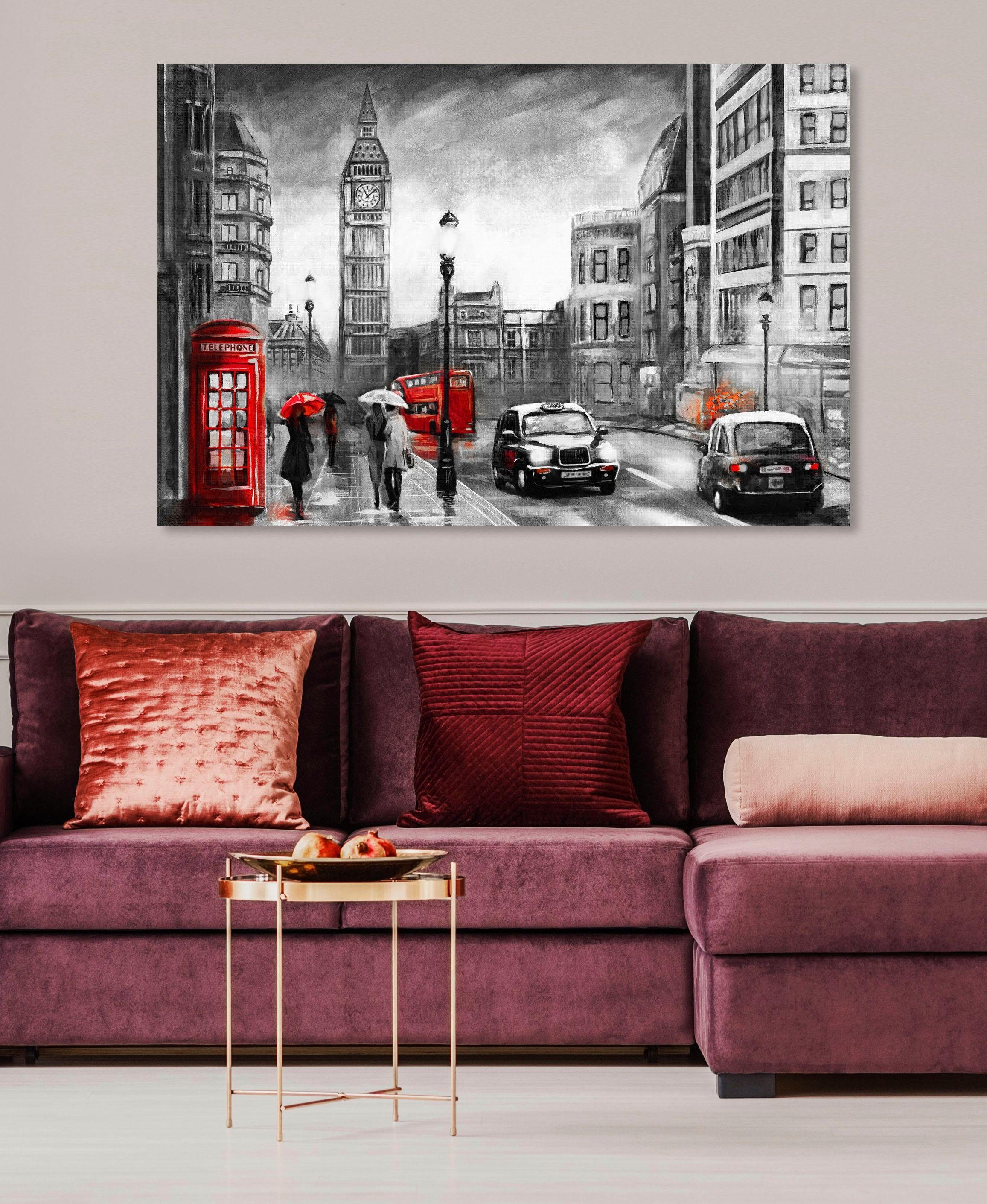 OTTO home Leinwandbild London, Fahrzeuge, Kunst, London, Menschen, Modern, Rain, Schwarz-Weiß, Städte, Premium-Leinwandstoff, Handarbeit aus Deutschland, 90x60cm