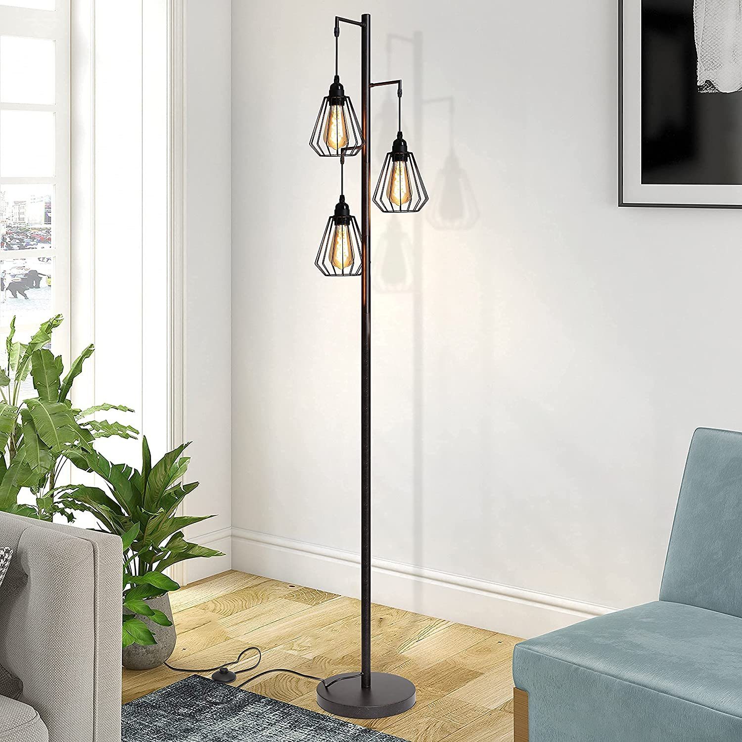 Dreibein Stehlampe weiß Holz Vintage Stehleuchte Retro Standlampe Schirm Lampe 
