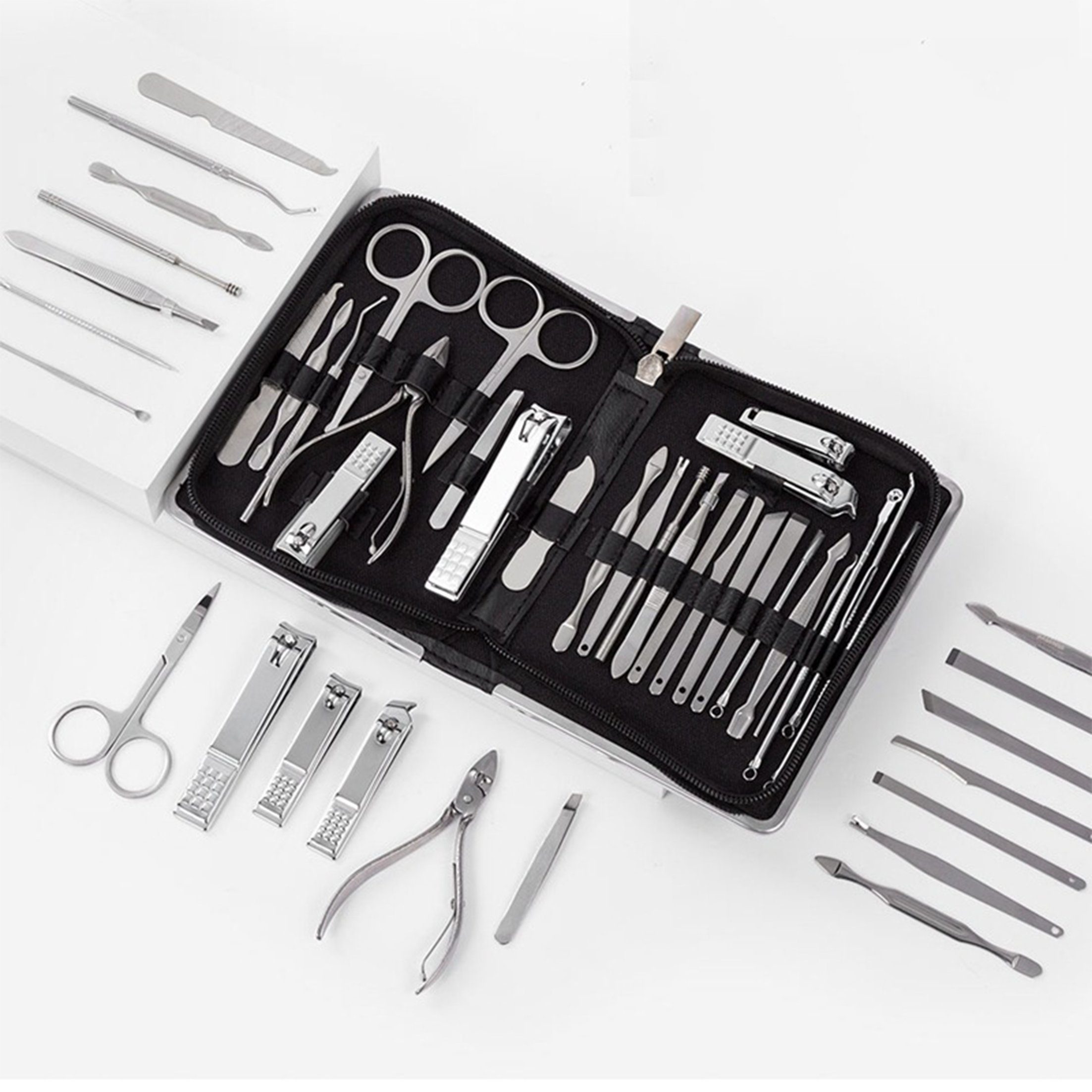 Nagelknipser-Set Aufbewahrungsbox,Nagelpflegewerkzeuge mit Scheiffy Nagelset schwarz aus 11-tlg. Edelstahl,