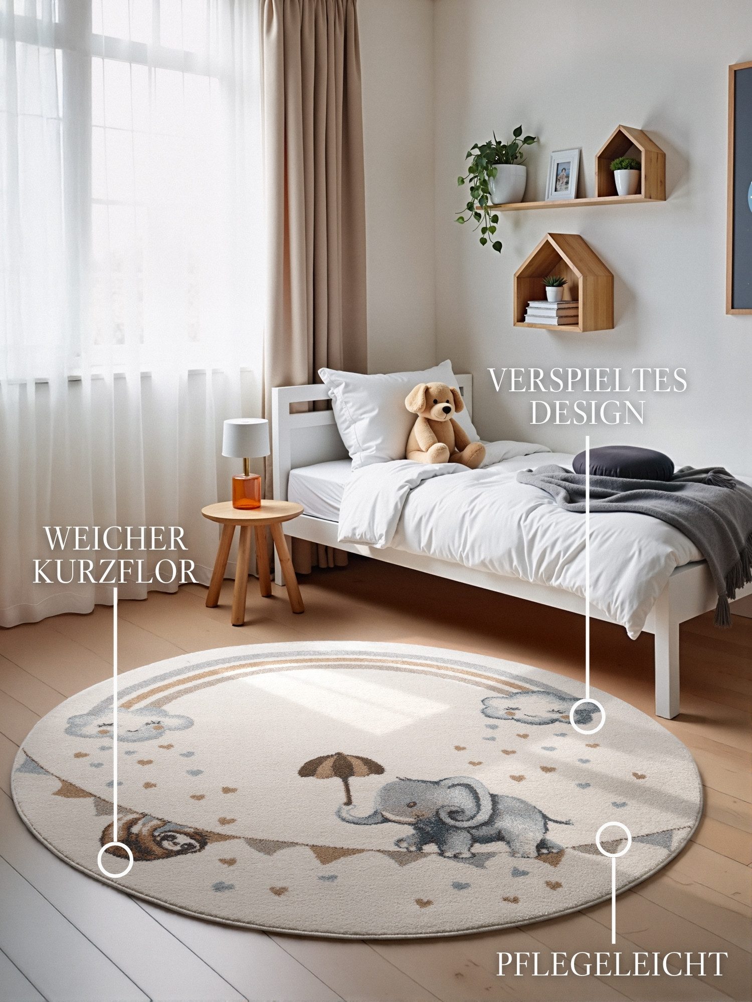 Villeroy & Boch Kinderteppich Walk like an Elephant Rainbow Teppich, rund, Höhe: 9 mm, Spielteppich weich, Kinderzimmer, Boho Kids Spielunterlage, Tieremotiv