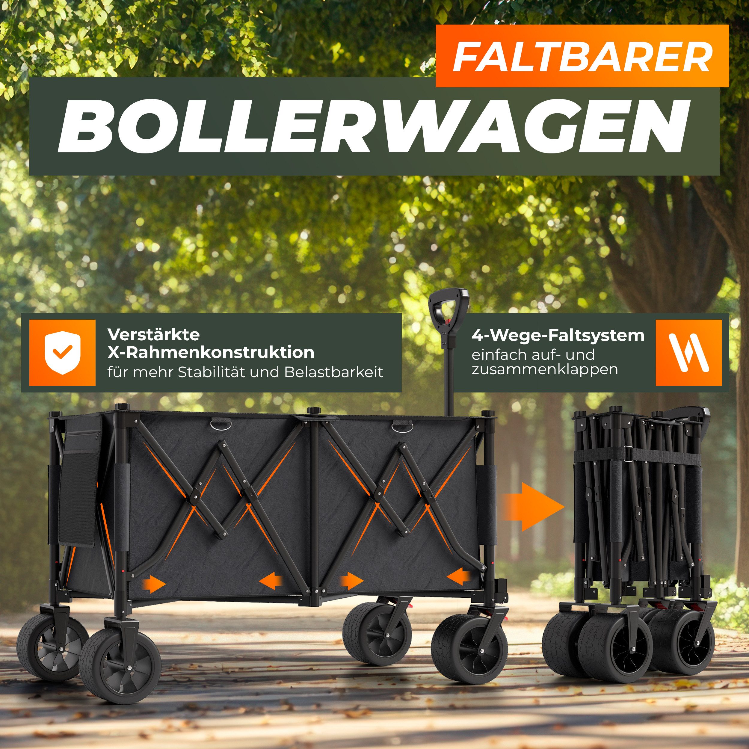 BigDean Bollerwagen XXL Transportwagen faltbar 260L 150kg belastbar - robust (1-tlg., Packung), 4-wege-Faltsystem, All-Terrain-Räder, Feststellbremse