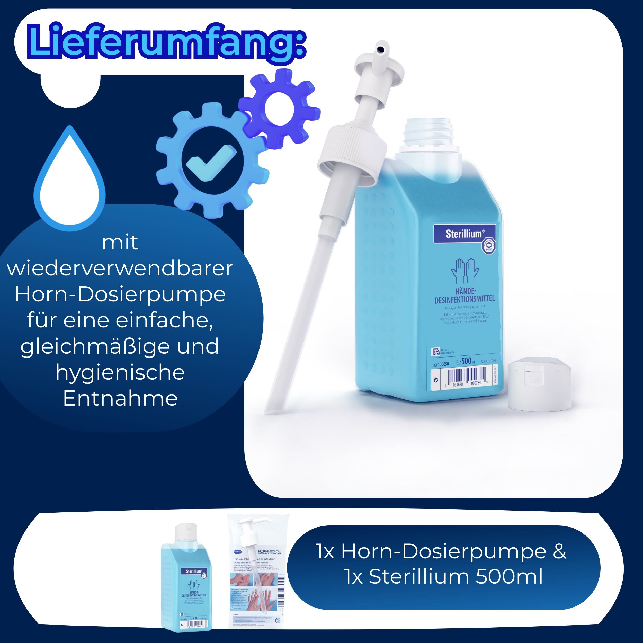 PAUL HARTMANN AG Sterillium Händedesinfektion 500ml & Horn Medical Dosierpumpe Hand-Desinfektionsmittel (Spar-Set, [- bekannt & bewährt dank Dosierpumpe sofort einsetzbar)