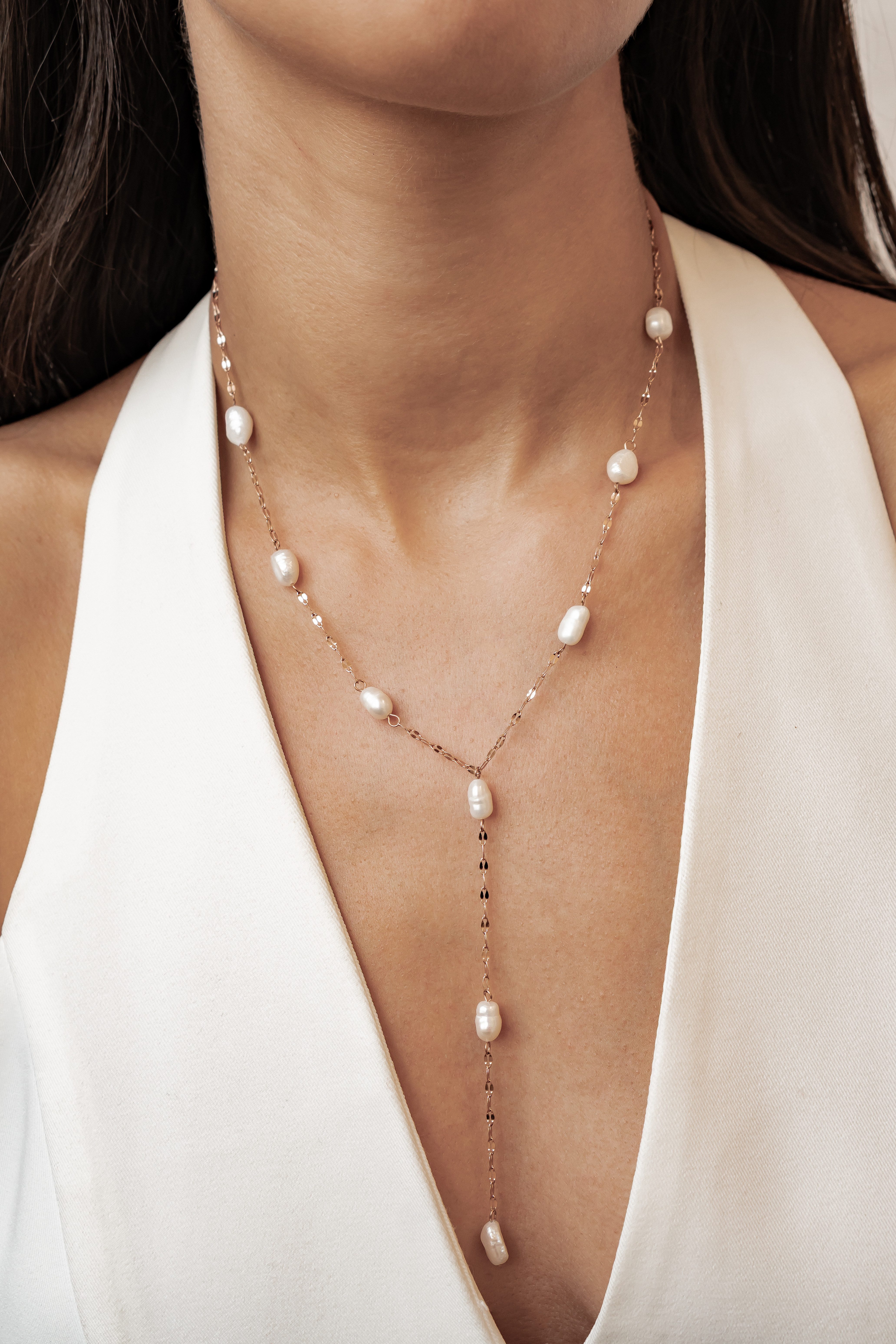 Hey Happiness Perlenkette Y-Form – Edelstahl Collier vergoldet mit Süßwasserperlen, Brautschmuck & Damen Schmuck für Alltag & Anlass