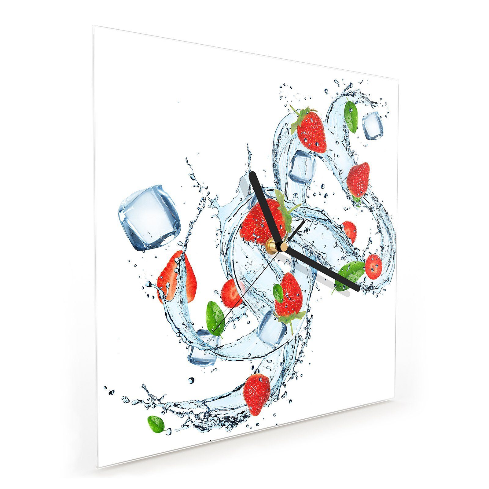 x Eiswürfelsplash 30 im Wanduhr 30 Wandkunst mit Wanduhr Primedeco Motiv Glasuhr Erdbeeren cm Größe