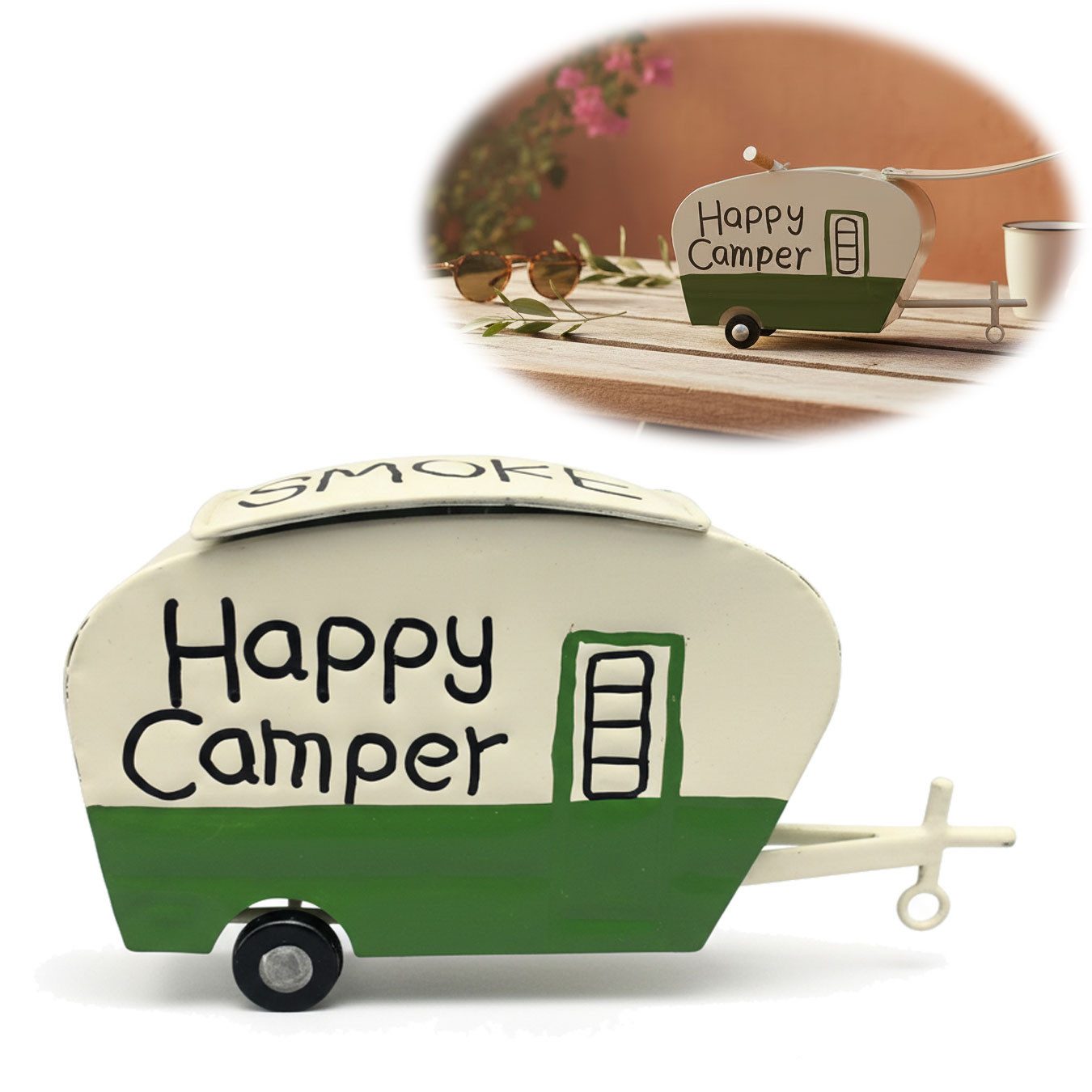 LS-LebenStil Aschenbecher XL Sturmaschenbecher Metall Wohnwagen 21x11cm Windaschenbecher Ascher, mit Deckel Klappdeckel Vintage Camper Camping Ashtray Garten Balkon