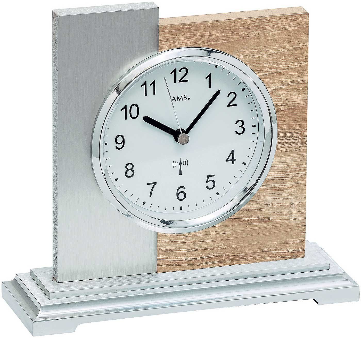 Tischuhr Modern AMS 5151 Funk-Tischuhr – Modernes Design Mit Holzoptik  Aluminium-Sockel Silber Tischuhr Funk