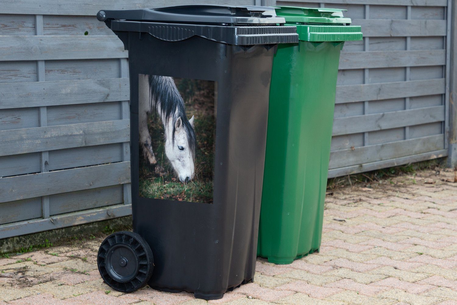 - Mülleimer-aufkleber, Sticker, St), Pferde MuchoWow Abfalbehälter Mülltonne, (1 - Container, Weiß Gras Wandsticker
