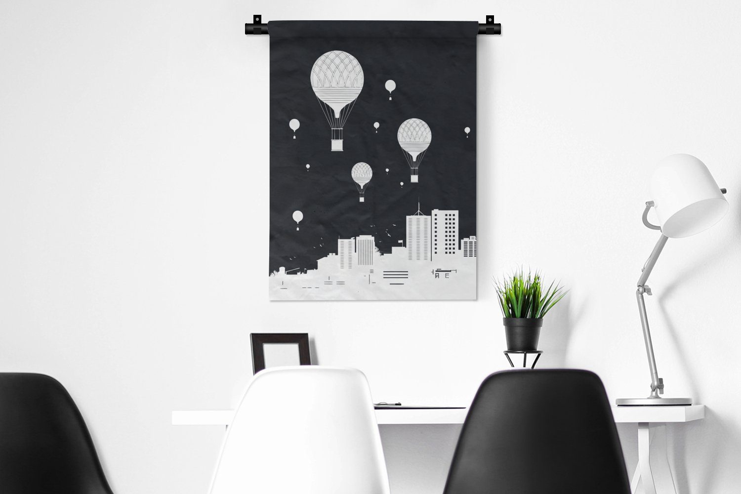 Deko Schlafzimmer an Wanddekoobjekt Tapisserie, Stadt für Schwarz - - - der Heißluftballons Weiß, Wand, MuchoWow Wohnzimmer,