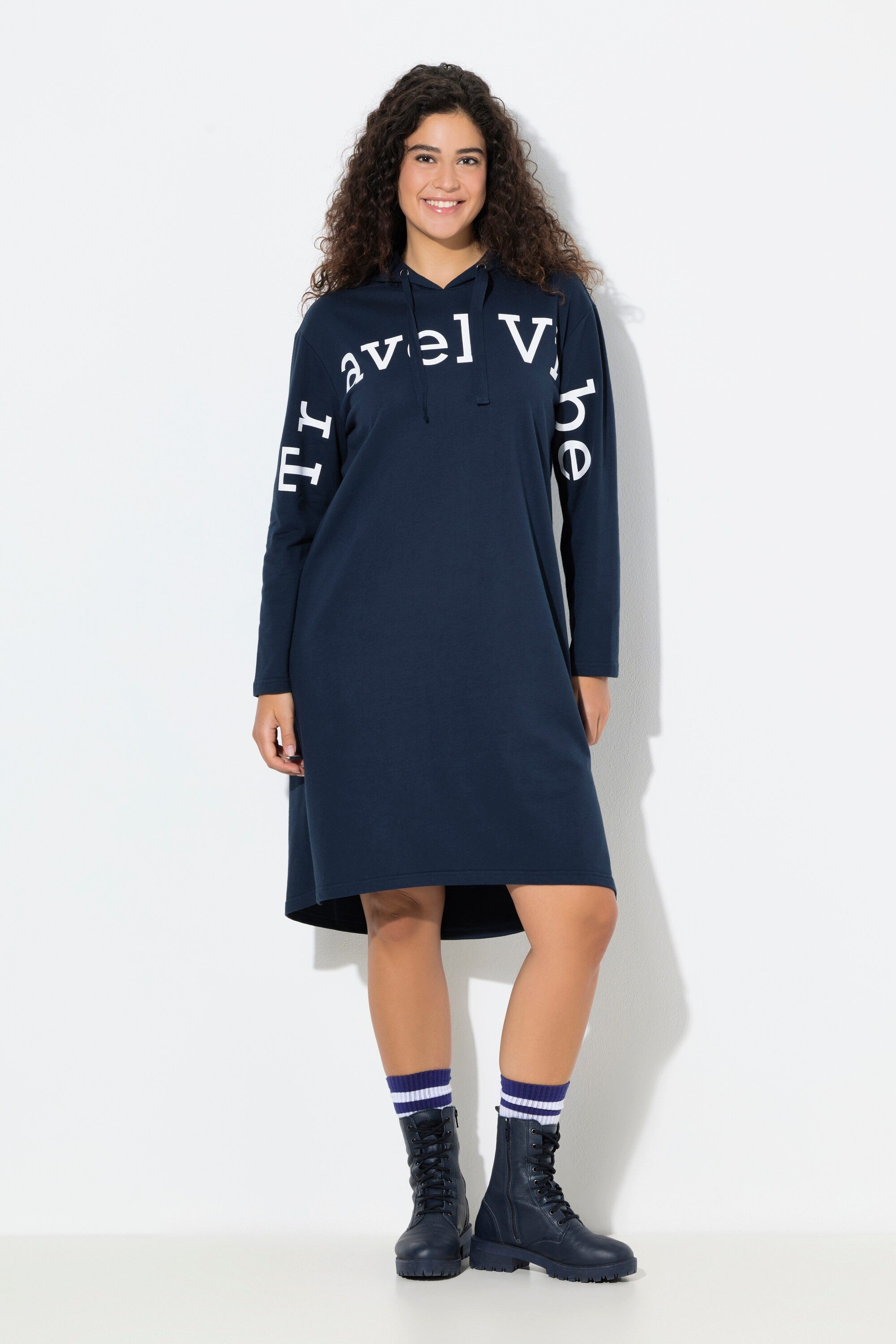 Ulla Popken Midikleid Sweat-Midikleid Schriftzug Kapuze Langarm