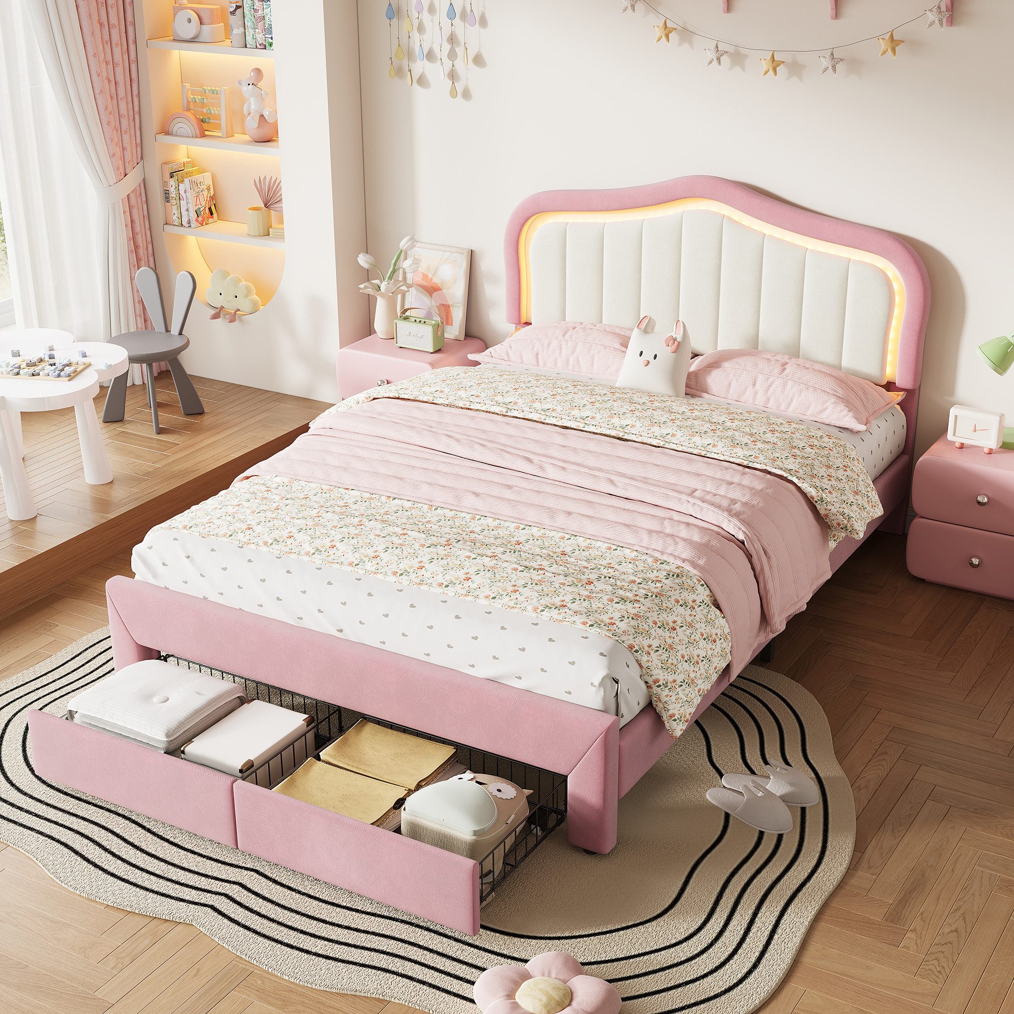 Flieks Polsterbett, Kinderbett 90x200cm mit 2 Schubladen und LED-Beleuchtung