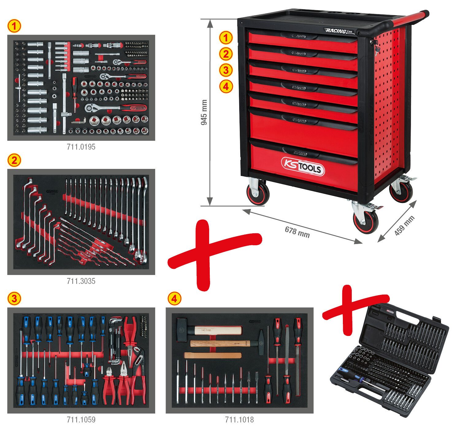 KS Tools Werkstattwagen RACINGline SCHWARZ/ROT, (515-tlg), Mit 7 Schubladen und 515 Premium-Werkzeugen