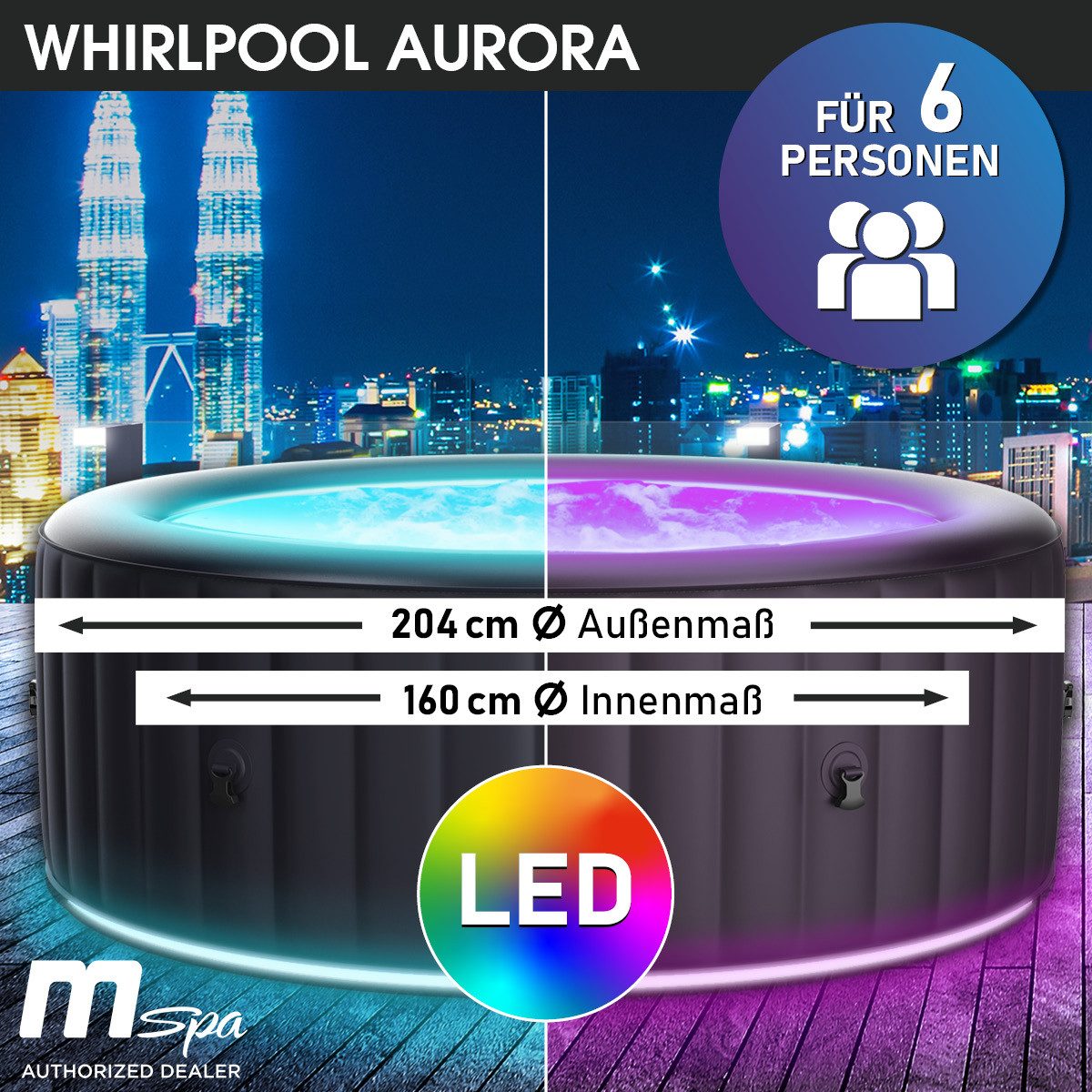 BRAST Whirlpool aufblasbar MSpa Aurora mit LED-Beleuchtung für 6 Personen Ø204x70cm, aufblasbares Aufstellbecken, (In- Outdoor Pool 138 Massagedüsen Energiespar-Timer Heizung, wählen Sie aus 20 Farben), Aufblasfunktion per Knopfdruck Bubble Wellness Massage
