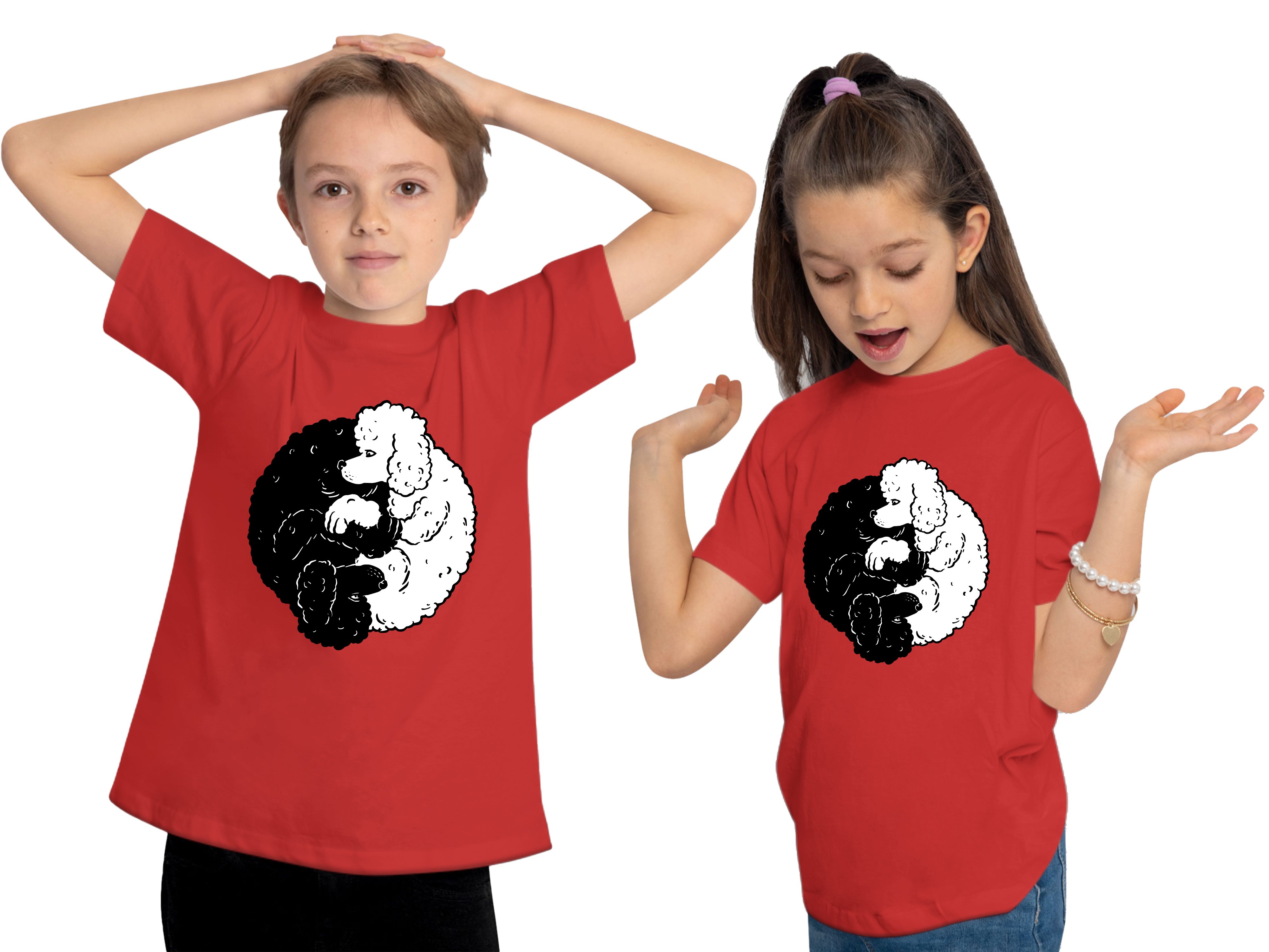 MyDesign24 Print-Shirt Kinder Hunde T-Shirt Yin Yang - Pudel i235 bedruckt Baumwollshirt mit Aufdruck, rot