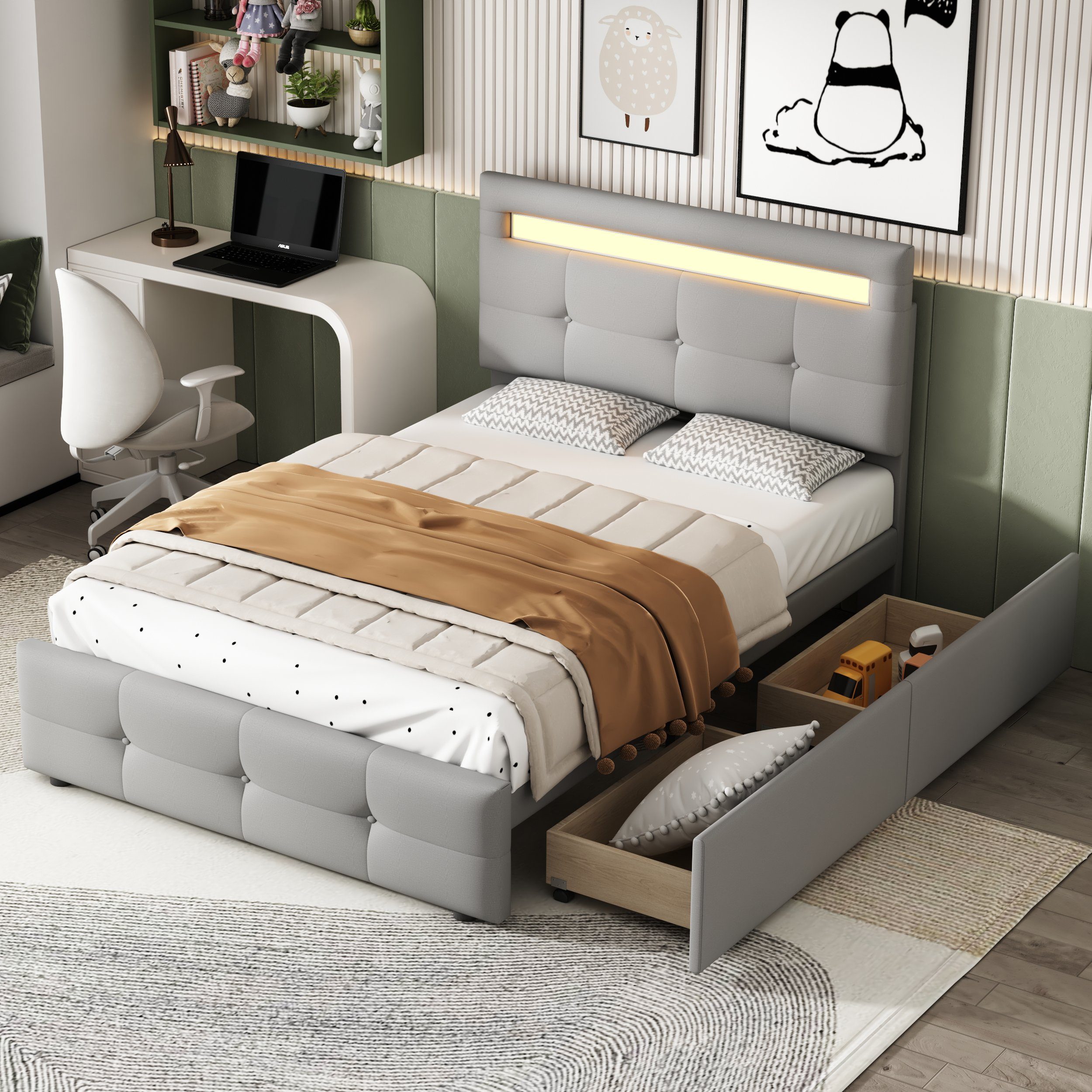HAUSS SPLOE Bett Einzelbett Funktionsbett Bettrahmen KInderbett (mit LED-Leuchten, 2 Schubladen, hautfreundlicher Leinenpolsterung flach) grau