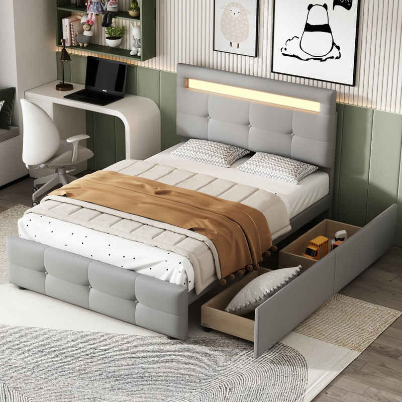 HAUSS SPLOE Bett Einzelbett Funktionsbett Bettrahmen KInderbett (mit LED-Leuchten, 2 Schubladen, hautfreundlicher Leinenpolsterung flach)