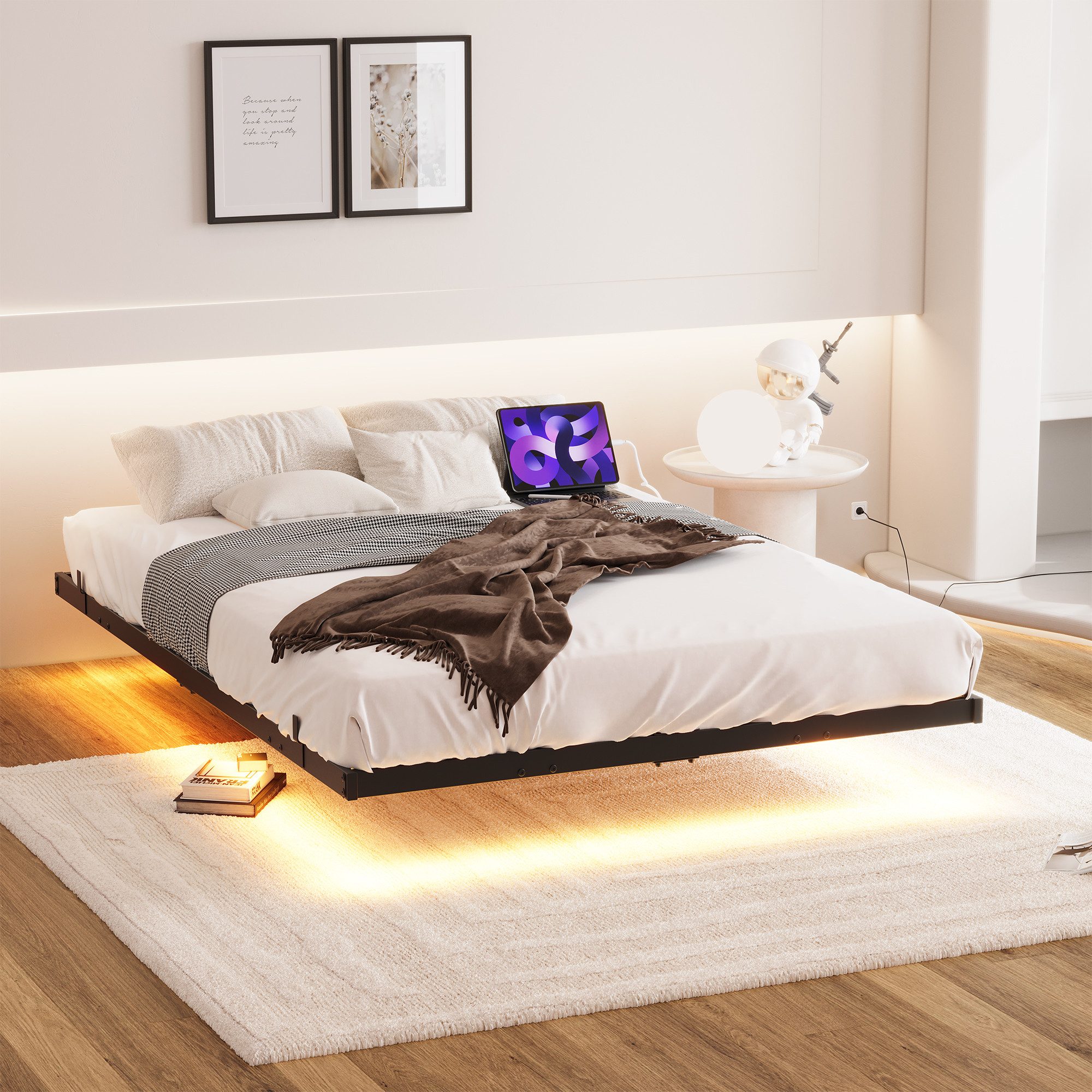 MODFU Metallbett integrierter Ladestation & robustem Lattenrost (modernes Schwebebett, mit LED-Lichtleiste, Metallbett 140x200 cm)