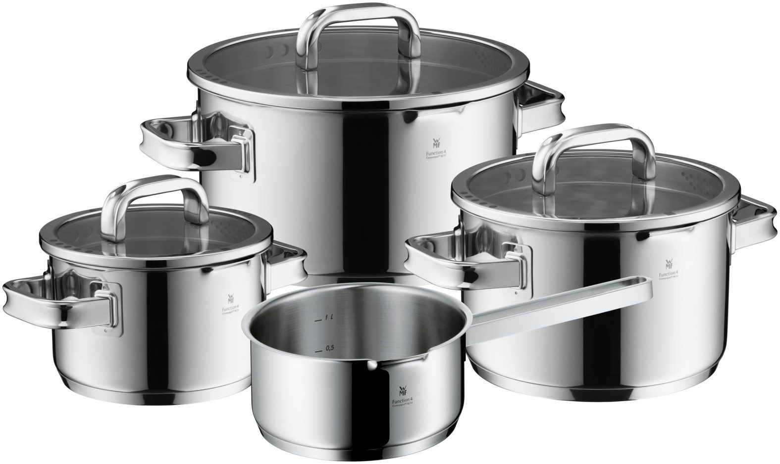 WMF Topf-Set Function 4 Advanced, Cromargan Edelstahl poliert (Induktionstöpfe, 4-tlg., Glasdeckel mit 4 Abgießfunktionen), Innenskalierung