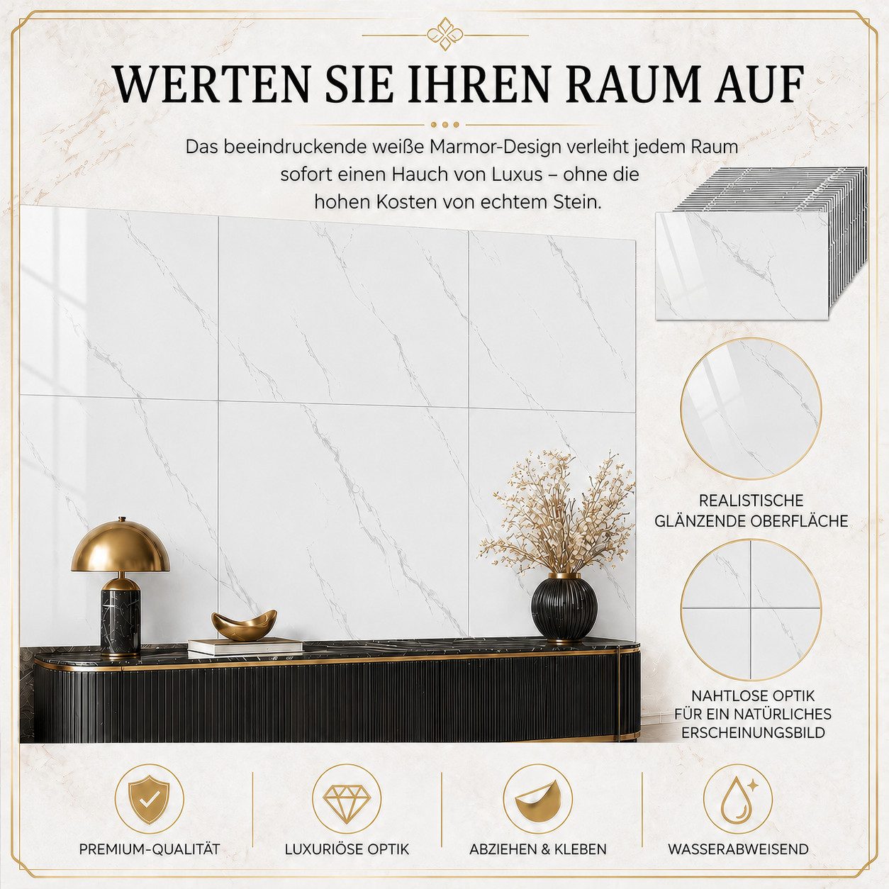 BlingBin Wandpaneel 20 Stück Wandaufkleber selbstklebend, klebepaneele 60 x 30 cm, BxL: 30x60 cm, 0,18 qm, (20er Set Wandpaneele, 20-tlg., wanddekor) wandverkleidung marmor, Wasserdicht, Selbstklebende Fliesen, wanddekor