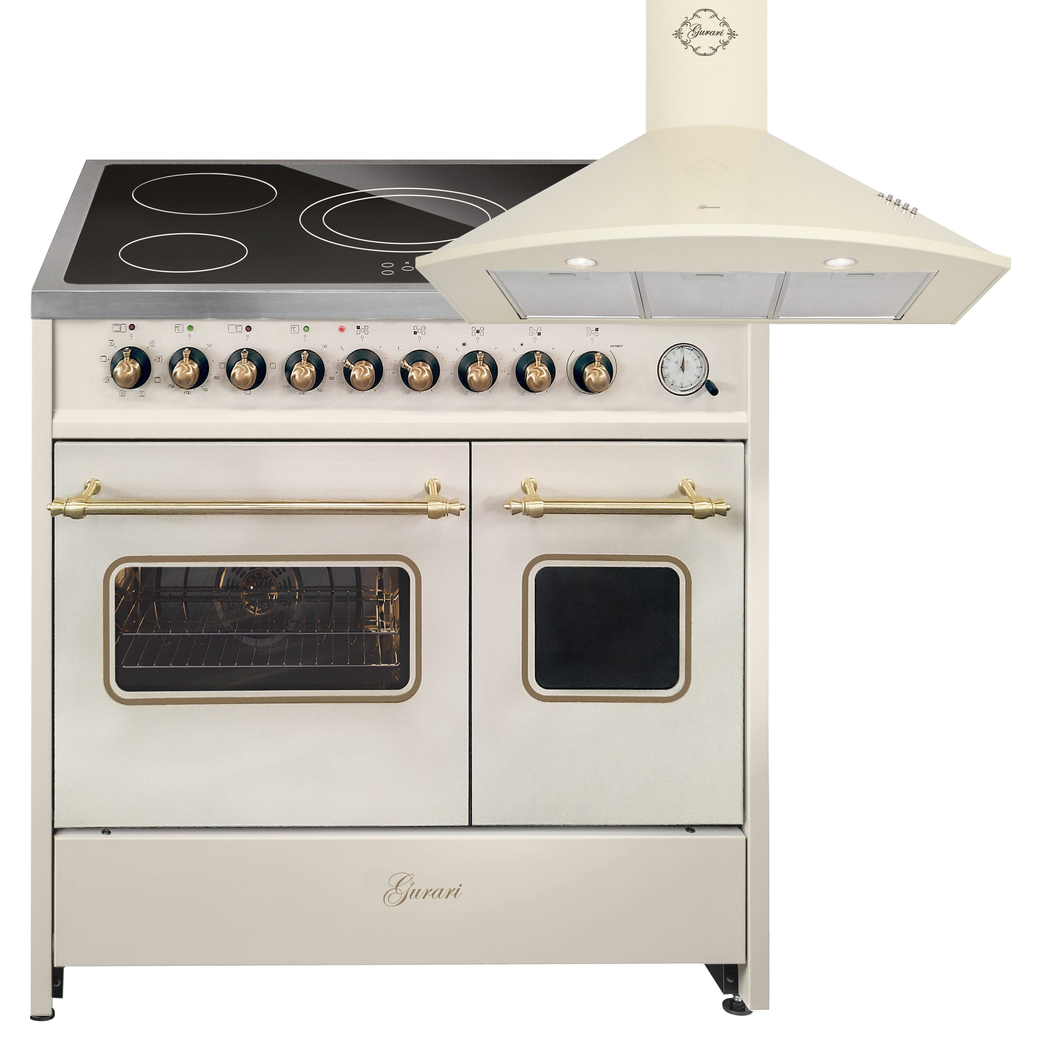 GURARI Elektro-Standherd Glaskeramik Herd 90 cm Creme Range Cooker Elektro Doppelbackofen+Dunstabzugshaube 90cm GCH E 912 DF Cr r+GCH C 046 BG 9., mit 1-fach-Teleskopauszug