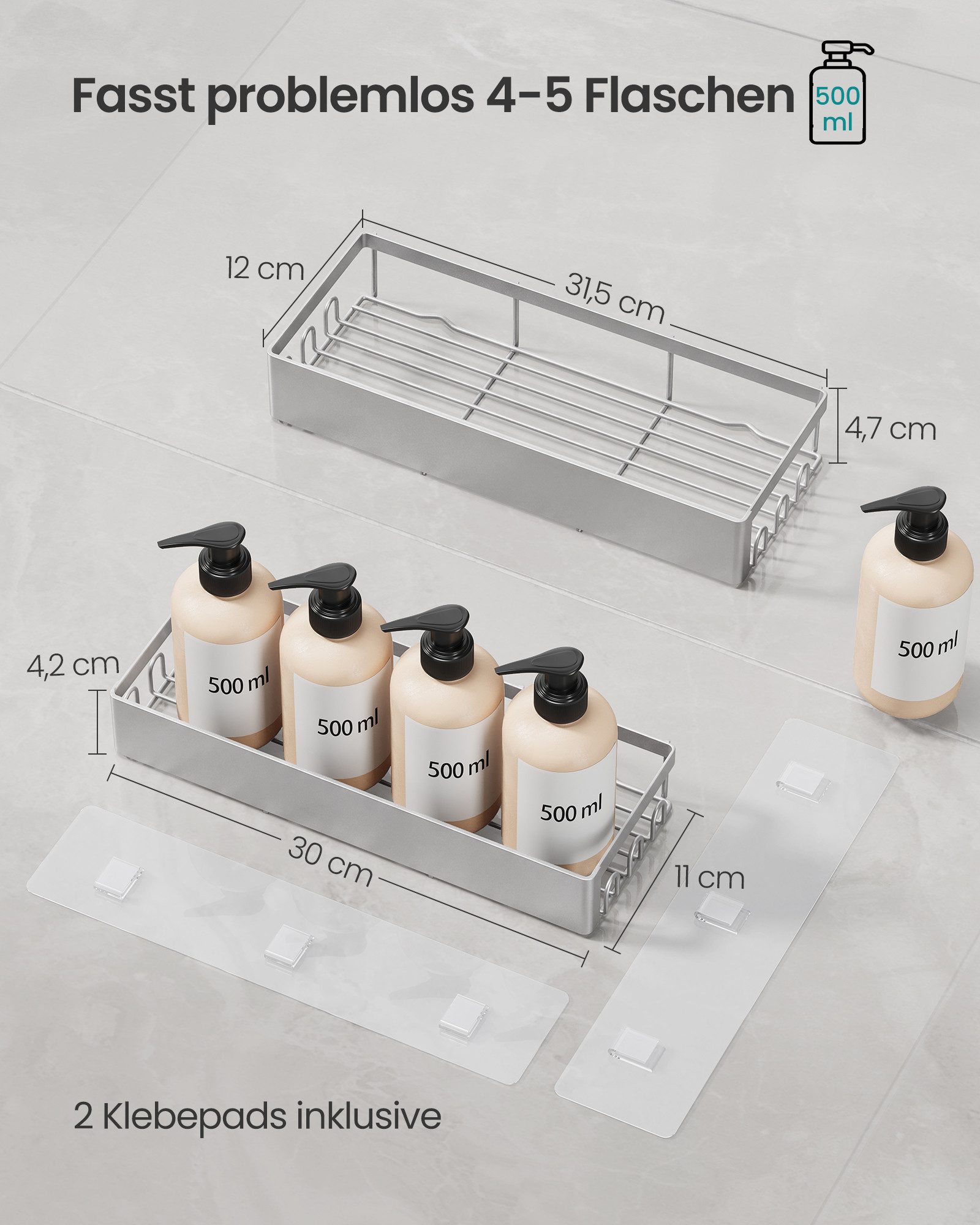 SONGMICS Duschablage Duschregal, ohne Bohren, rostfrei, aus Stahl, Shampoo Halterung, Badezimmer Organizer, 31,5 x 12,5 x 5 cm, 2er Set