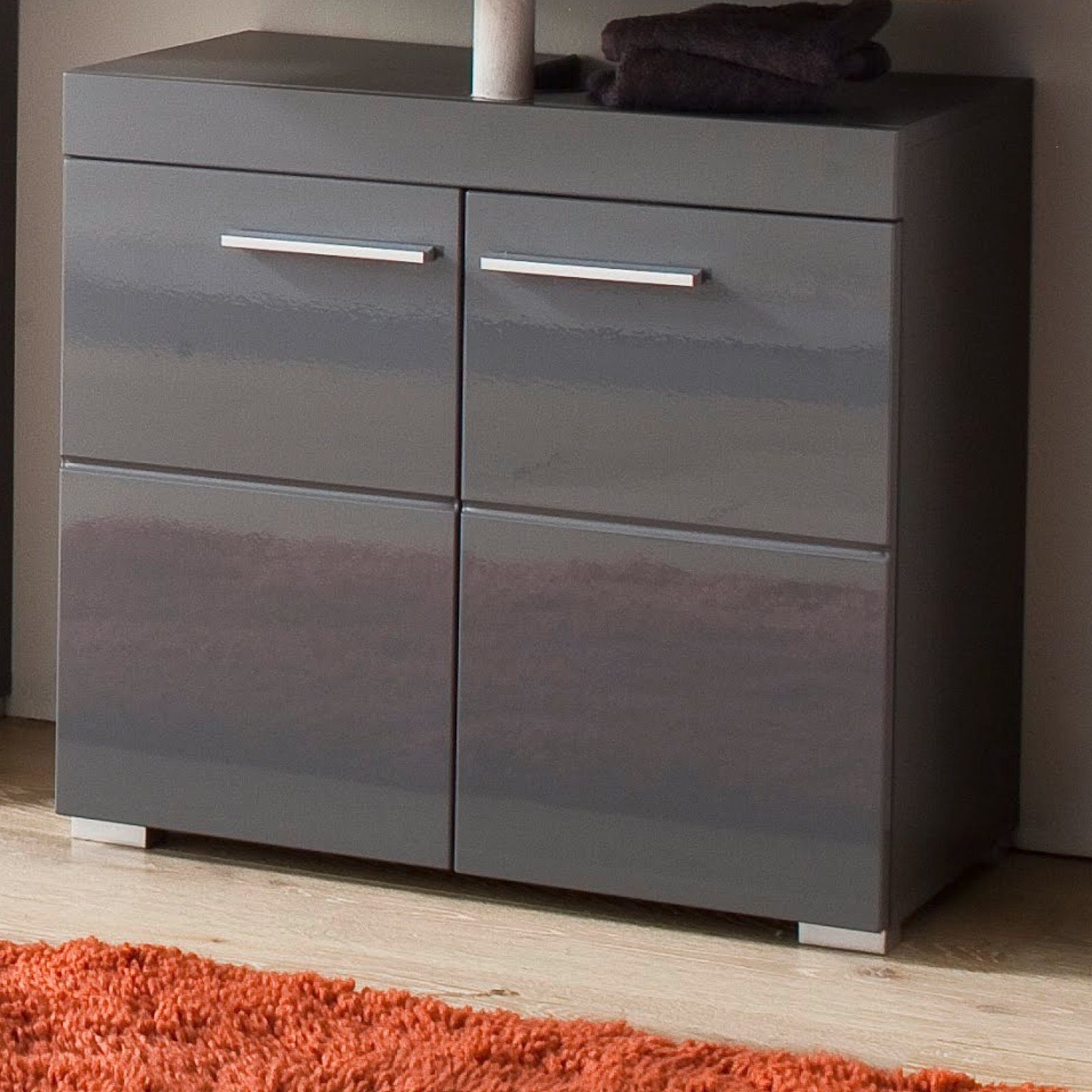 (Badschrank 60 Fächer 56 grau 2-türig, Waschbeckenunterschrank 2 cm) Hochglanz, trendteam Amanda x in