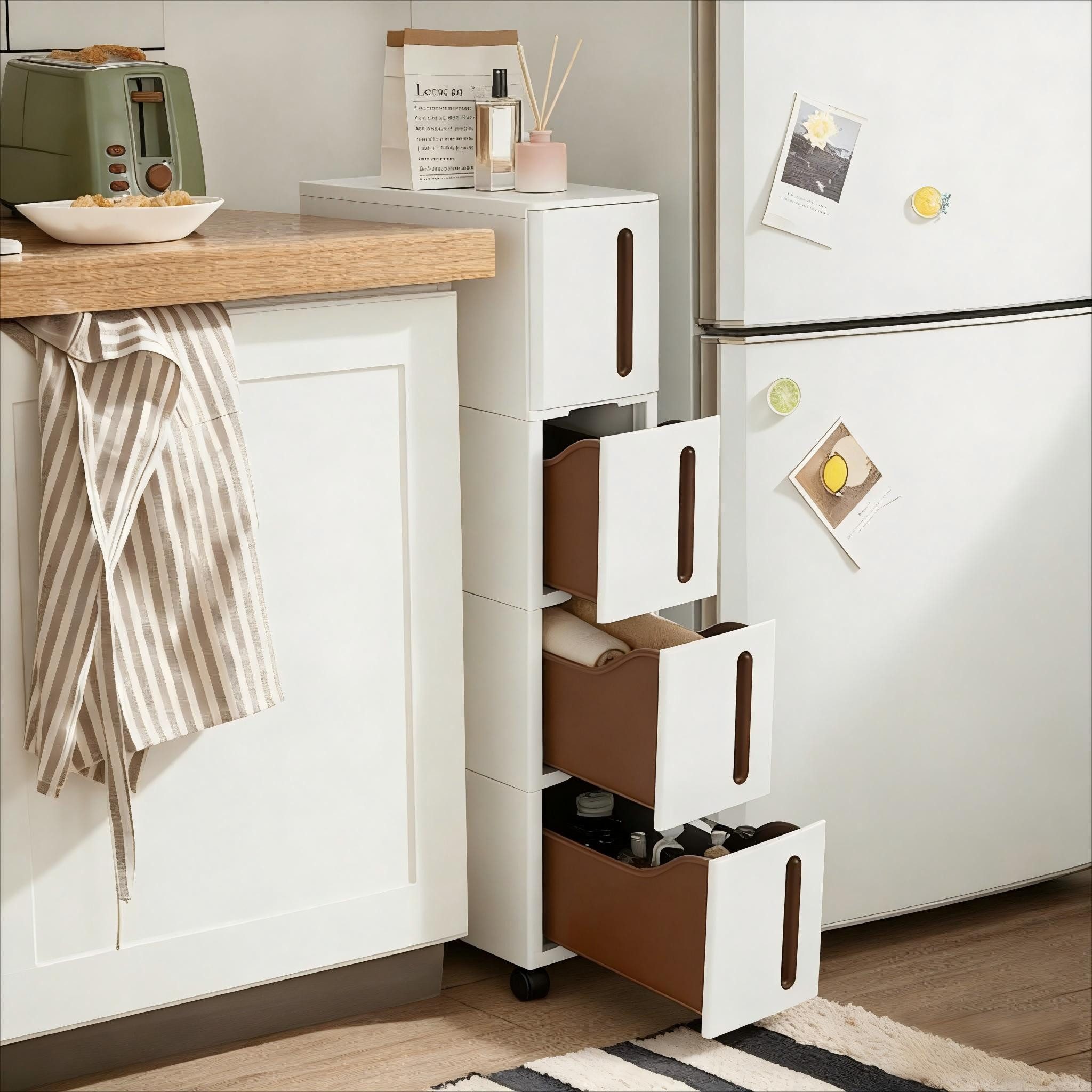 SONGMICS Beistellwagen Nischenregal mit Rollen, Rollwagen, 4 tiefe Schubladen, 17,3 cm breit, viel Stauraum