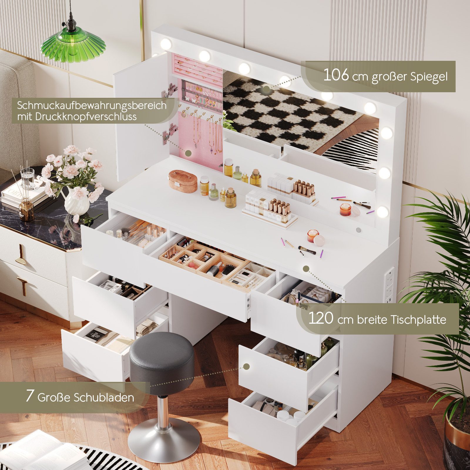 HOMALL Schminktisch mit großem Spiegel, 120 cm, 7 Schubladen, Schmuckschrank (XXL-Spiegel 106×51 cm (30×51 aufklappbar m. Schmuckschrank) · 120 cm · 7 Schublade – Bild 4 von 5