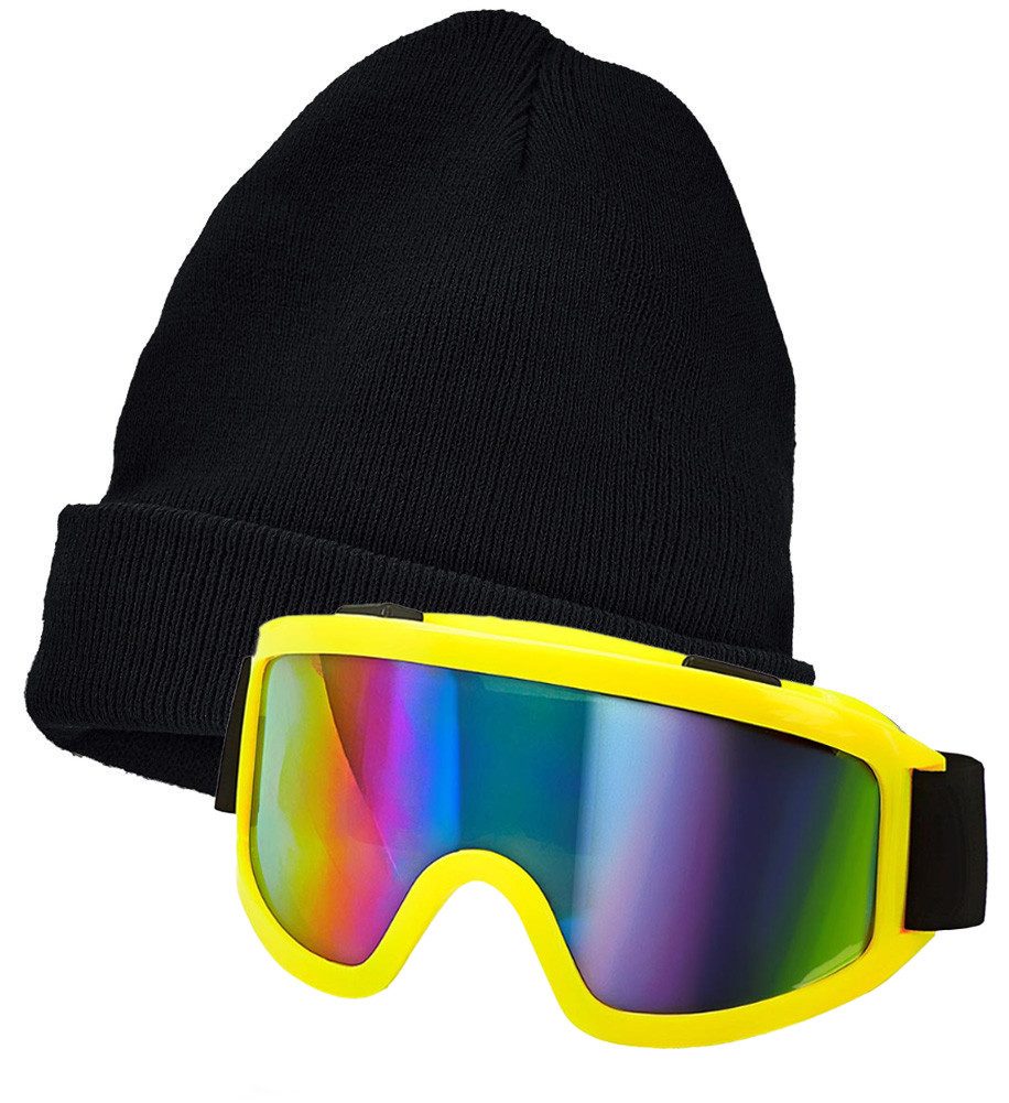 Widmann S.r.l. Kostüm Party Skibrille und Mütze Apres-Ski Set Neon schwarz gelb