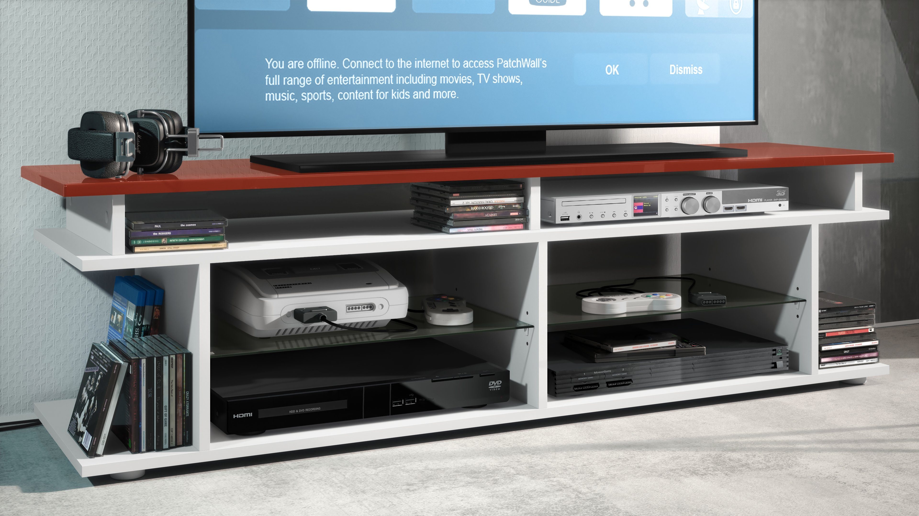 Vladon Lowboard Movie V3 (Lowboard + Tv-Aufsatz, mit insgesamt 8 Fächern), Weiß matt/Bordeaux Hochglanz (138,5 x 39 x 37,5 cm)