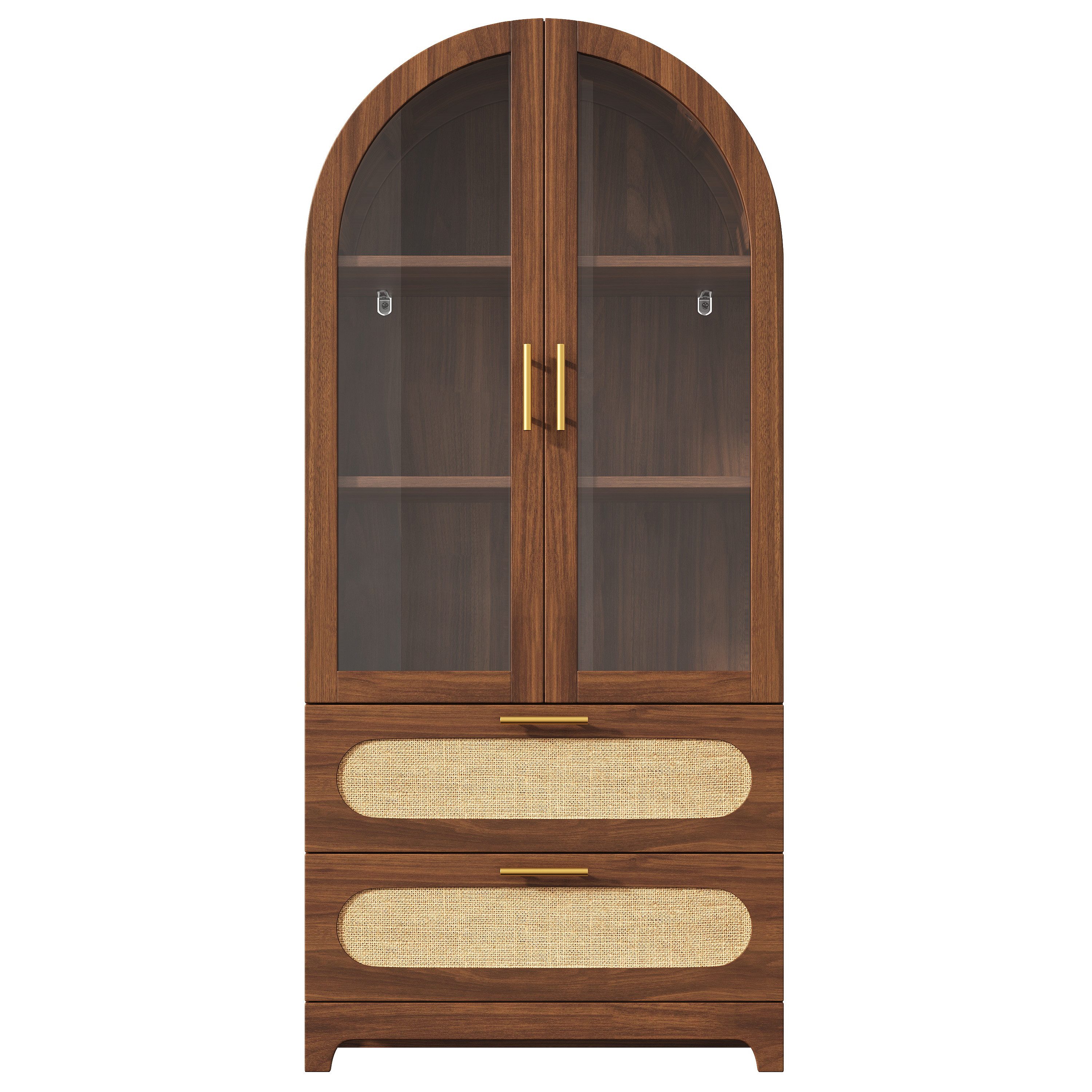 Flieks Vitrine Glasvitrine mit Montmartre-Bogen in Retro-Design Walnussholzfarbe (Mehrzweckschrank mit verstellbaren Einlegeböden, 1-St., H175xB80xT40cm) Hochschrank mit Glastüren und Rattan-Schubladen Bücherregal Holzoptik
