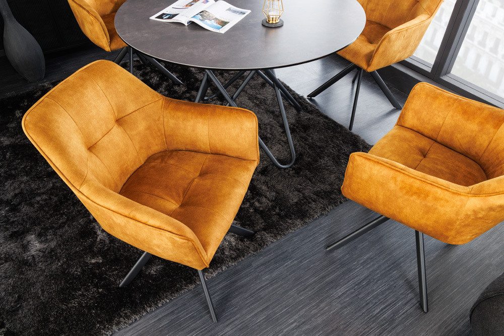 riess-ambiente Esszimmerstuhl LOFT senfgelb/schwarz – Samt, drehbar, Metall-Füße, mit Armlehne (Einzelartikel, 1 St), mit 180° Drehfunktion und Autoreturn – ideal für Dein Esszimmer