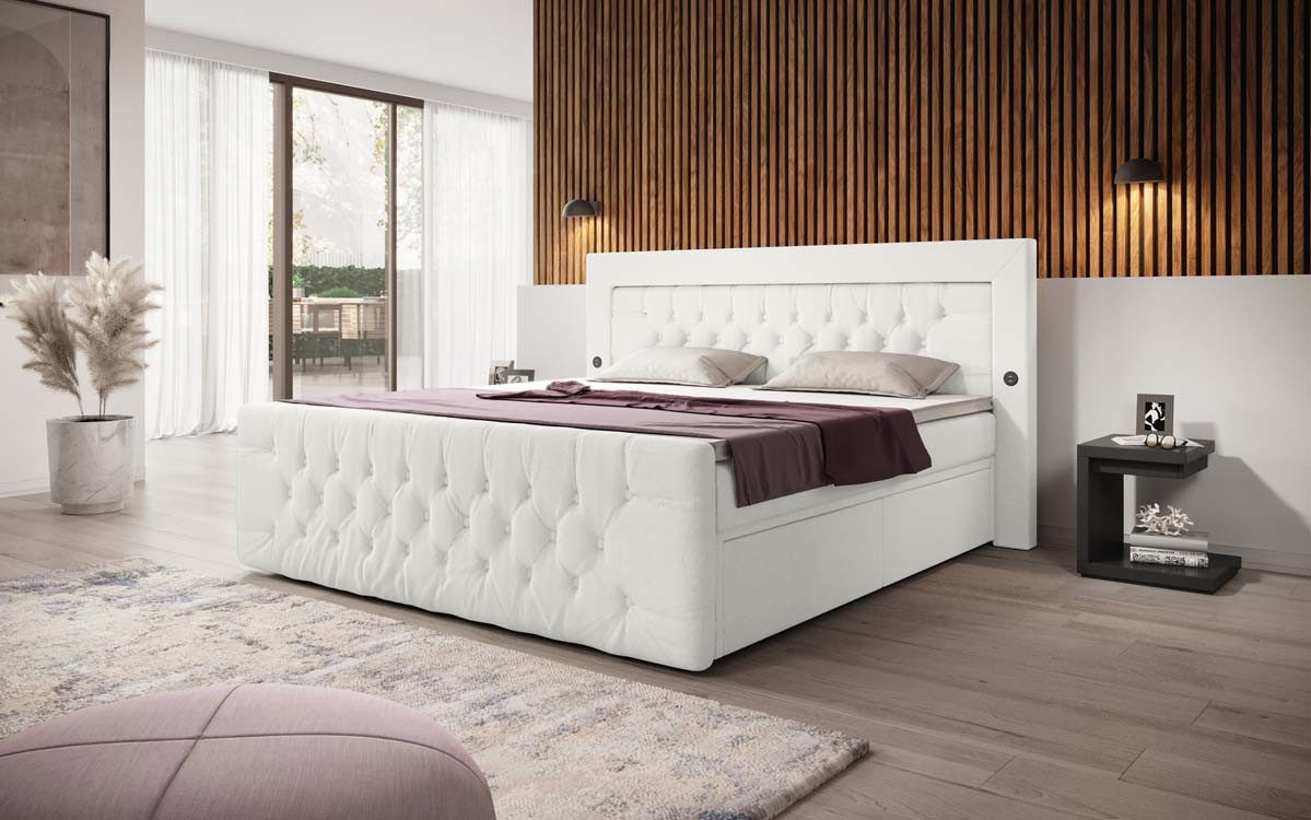 Luxusbetten24 Boxspringbett Diva Bouclé, mit USB, LED und 2 Schubladen