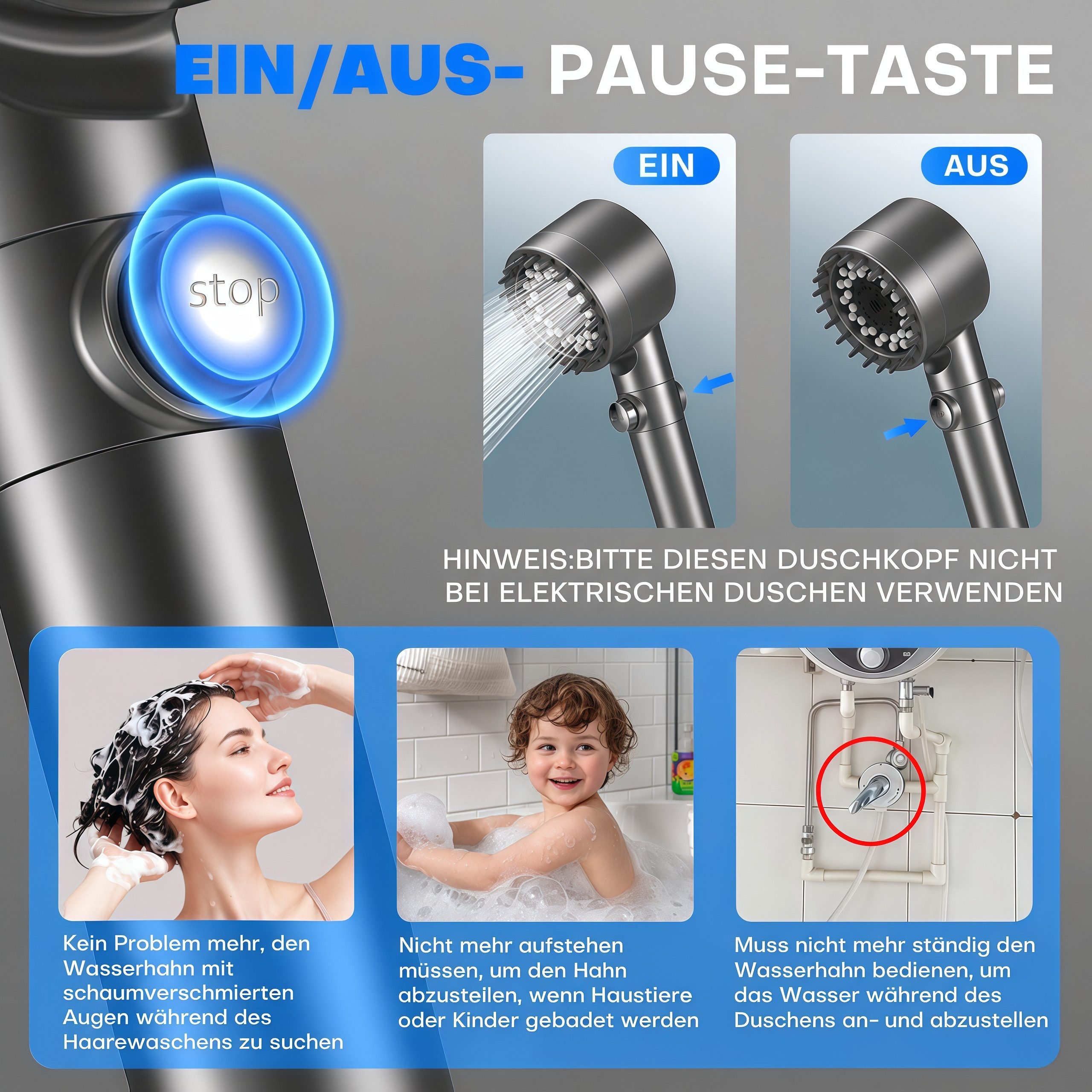 ibettertec Duschbrause Handbrause Duschkopf mit 15-stufigem Filter, (Hochdruck-Wassersparfunktion und Stopp-Taste, Handbrause mit, Anti-Kalk-Düsen zur), Reduzie – Bild 4 von 5