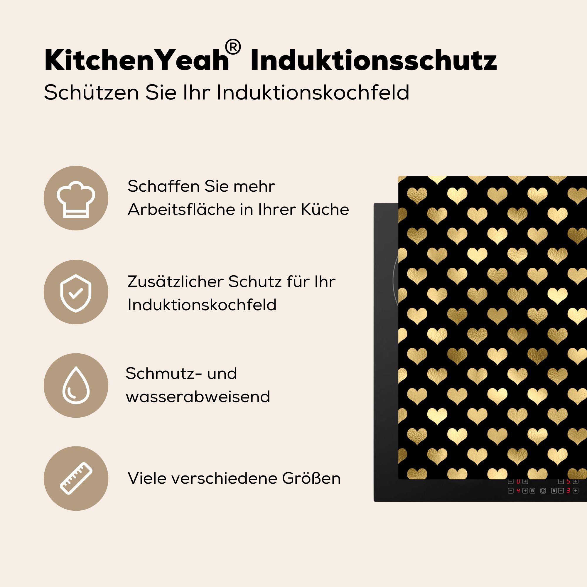 MuchoWow Herdblende-/Abdeckplatte Vinyl, (1 Muster - Arbeitsplatte - Ceranfeldabdeckung, cm, tlg), 78x78 küche für Gold, Herz