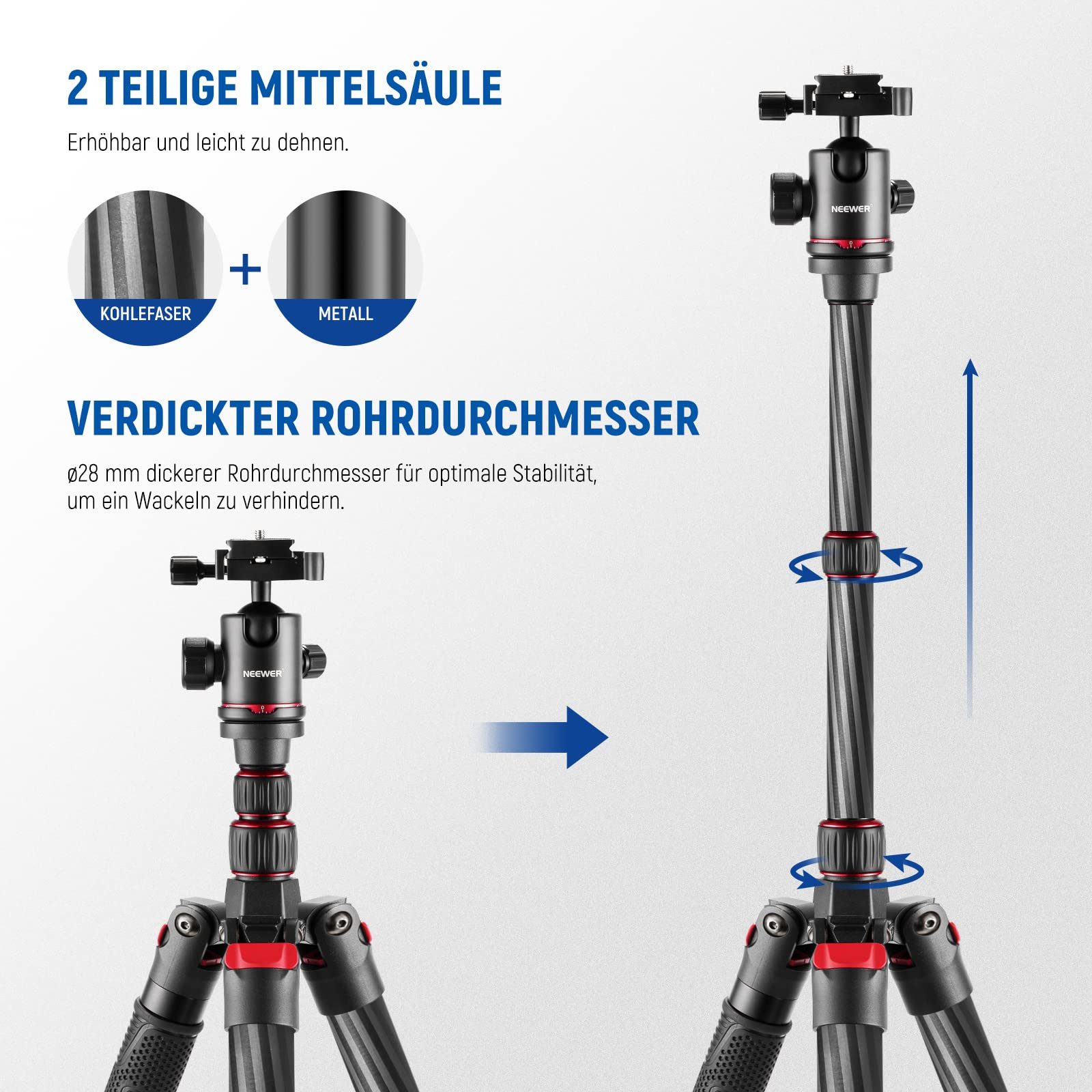 Neewer N55CR Carbon-Stativ 205cm, 360° Kugelkopf, 12kg Tragkraft Kamerastativ (höhenverstellbar von 56.5 bis 213 cm)