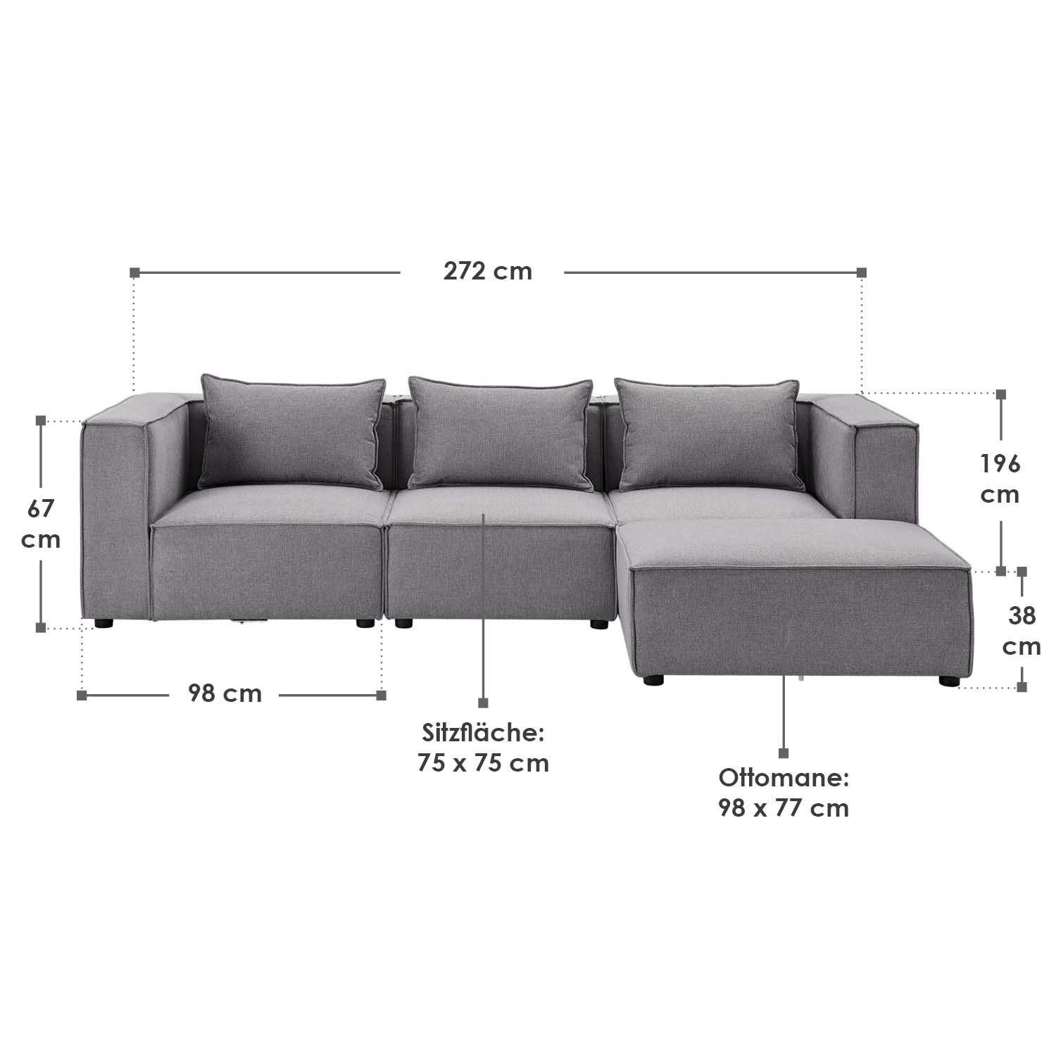 Juskys Ecksofa Domas, Sitzer Couch Teile, für Wohnzimmer, 3 mane mit & modulare 4 L, Kissen