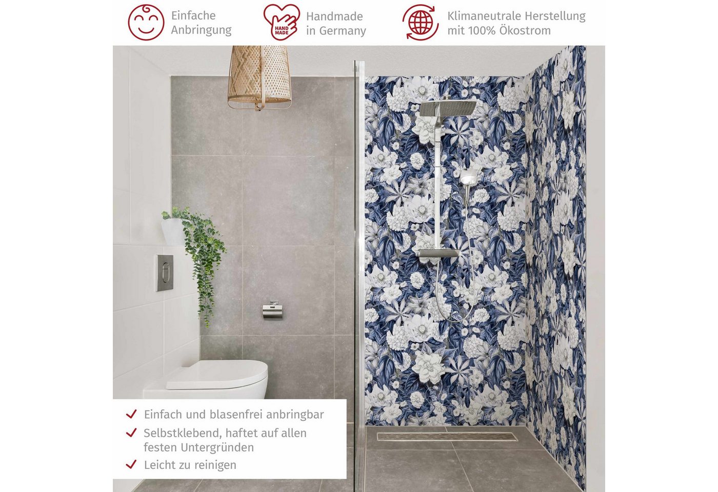 Thumbnail - Bilderdepot24 Badrückwand Muster blau Duschrückwand ohne Bohren Dusche Landhaus, (2-tlg., Hart-Folie Premium matt 0,61 m...