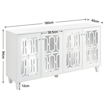 SEEZSSA Sideboard Weiß verspiegeltes Anrichte Sideboard Wohnzimmer mit Kristallgriffen (Set, mit 4 Türen und beweglichem Laminat), 160 x 40 x 84 cm
