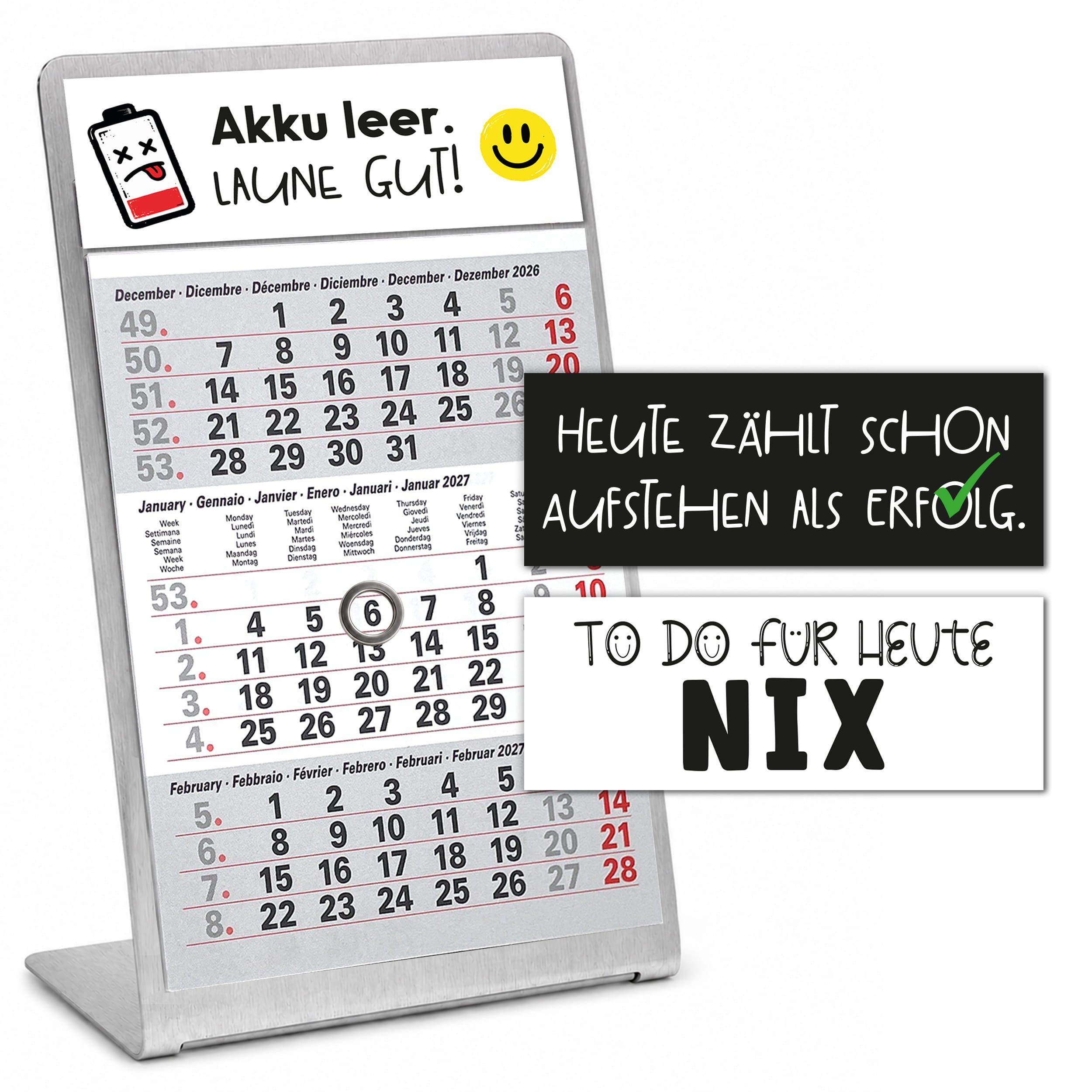TOBJA Tischkalender Tischkalender 2027 Set + Deko-Magnete Metallaufsteller (Titan), Aufsteller + Kalender, 3 Deko-Magnete, Datumsschieber, mehrsprachig