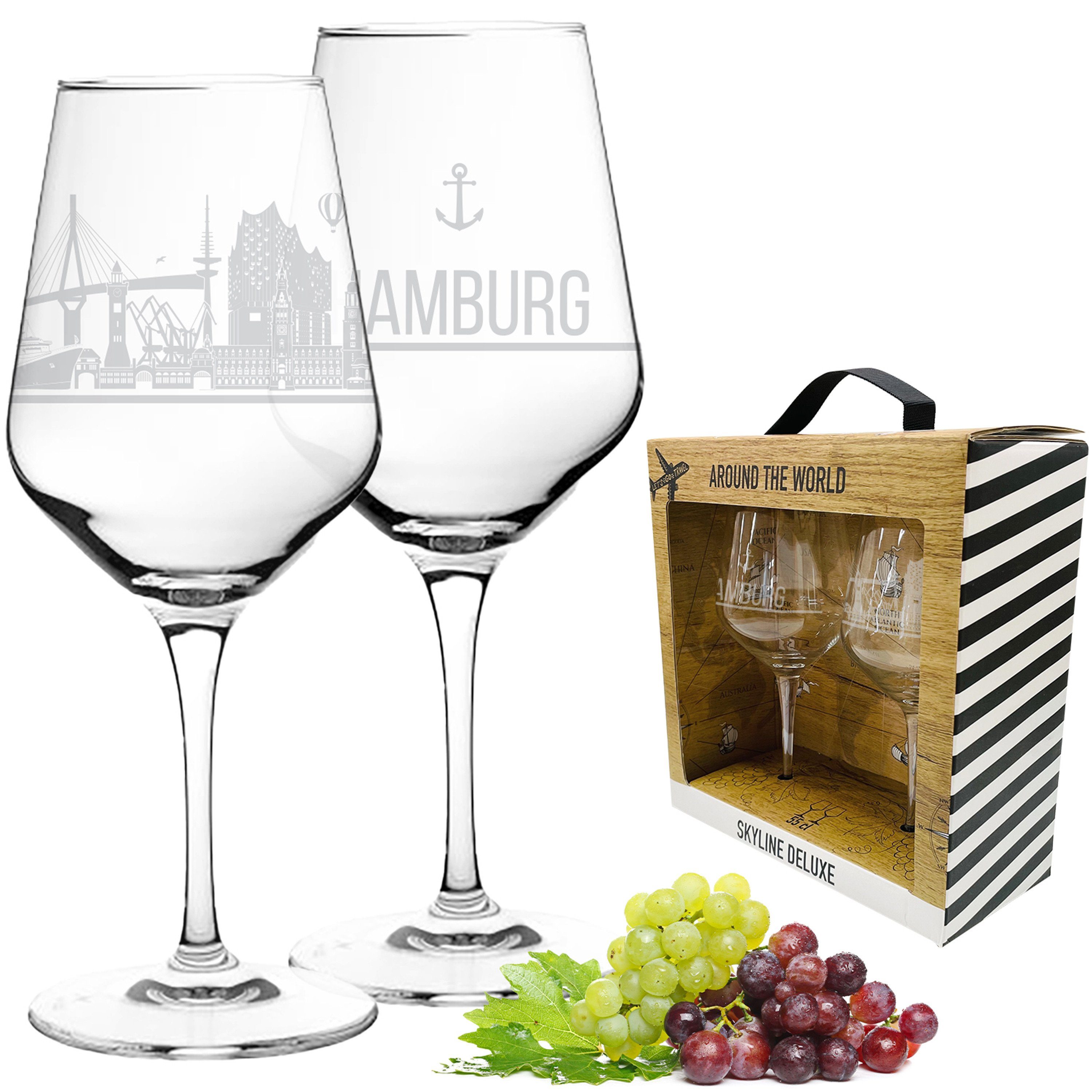 3forCologne Weinglas I LOVE Hamburg Weingläser, 2er Set mit Motiv der Hamburg Skyline, Hochwertiges Kristallglas, inkl. Geschenkverpackung