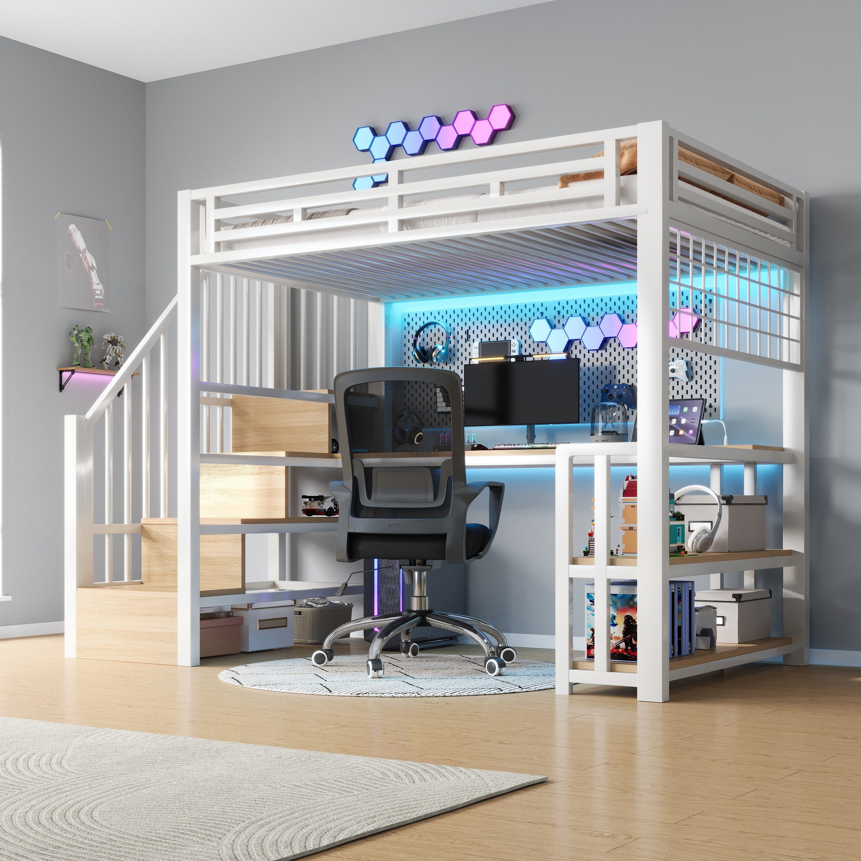 Flieks Hochbett Kinderbett Metall 90x200cm mit Lichtleiste Schreibtisch USB-Aufladen