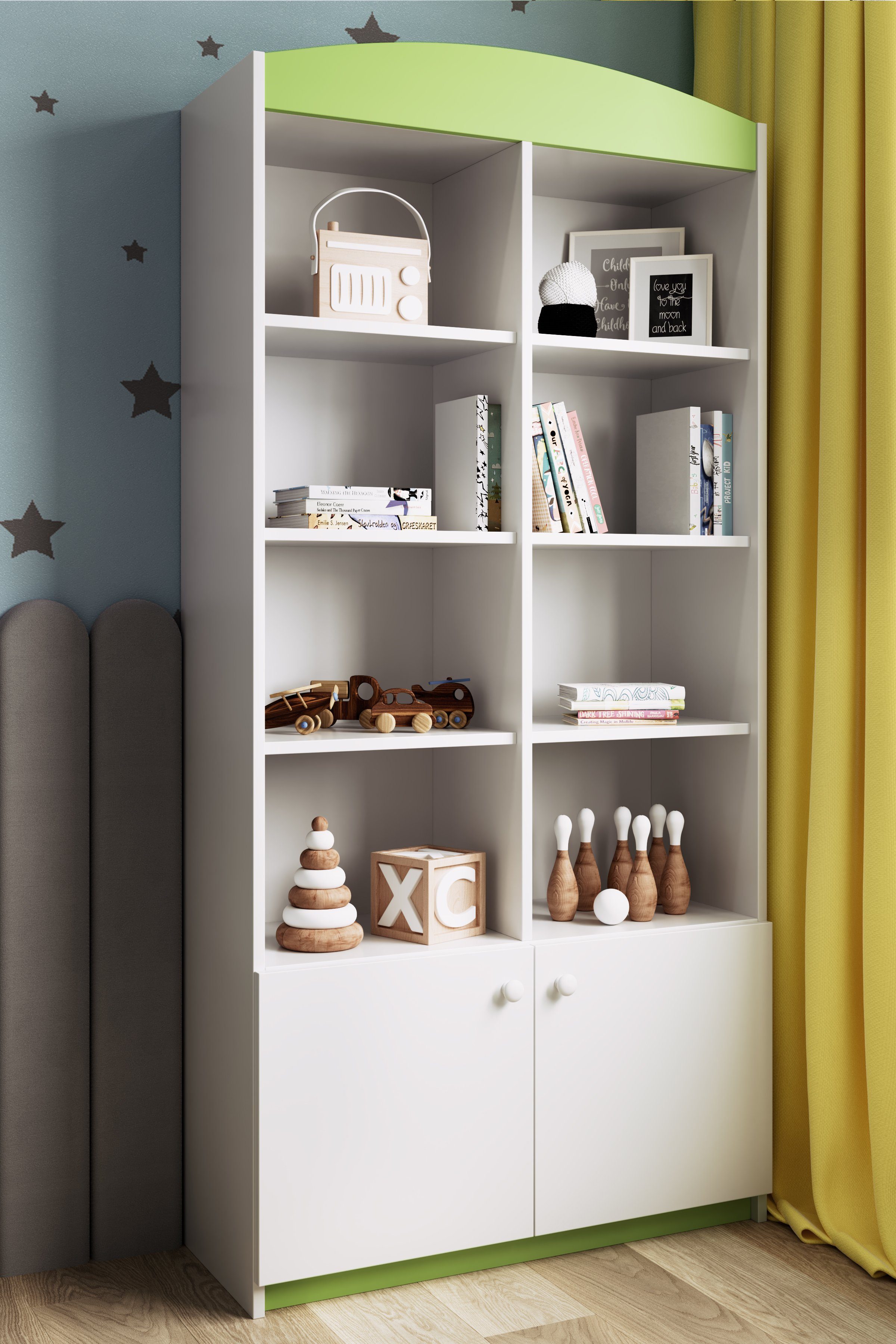 Fächer, Bücherregal Babydream für Bjird Kinderzimmer Aufbewahrungsschrank mit grün offene Doppel-Bücherregal, 8