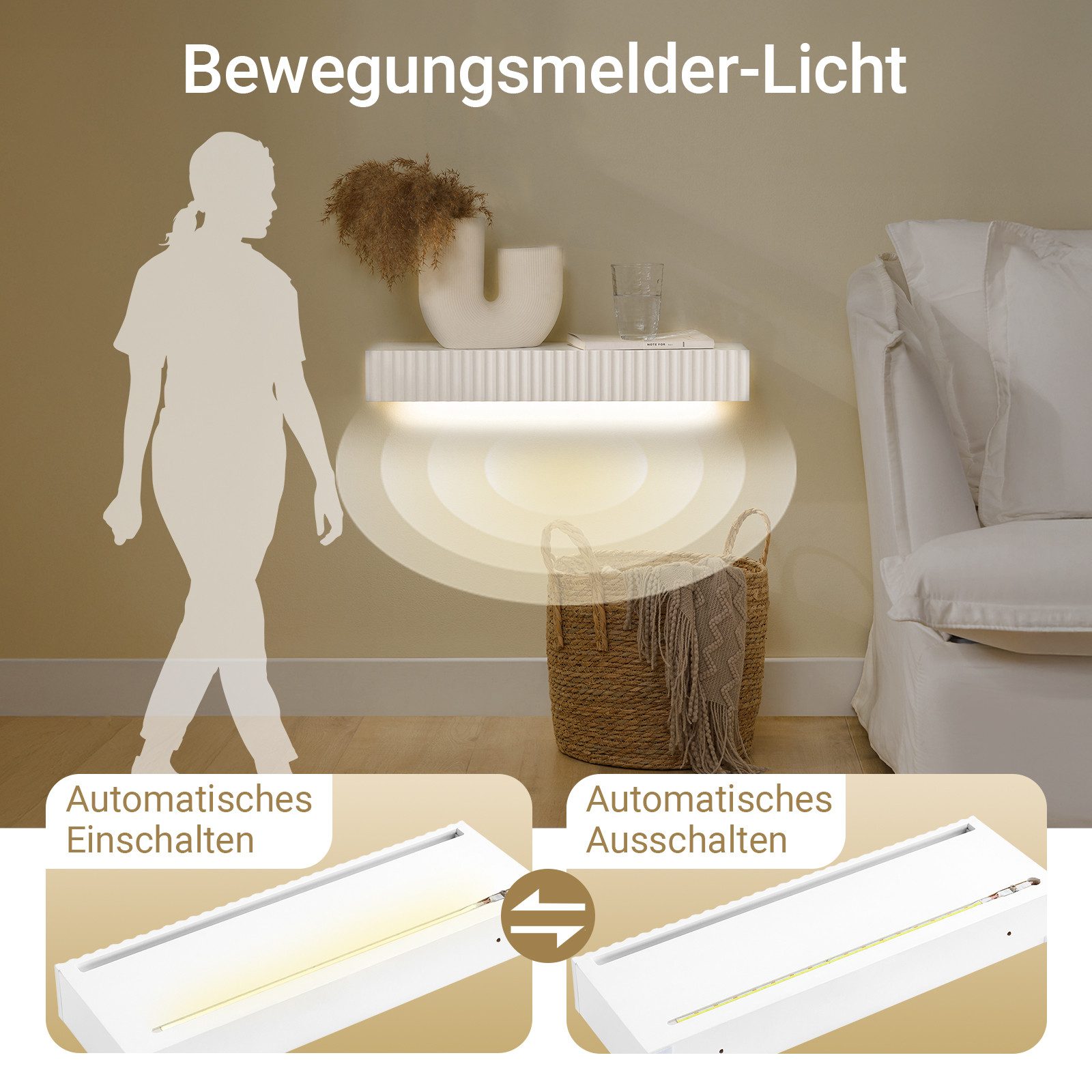 SoBuy Wandregal FHK38, Schweberegal mit Schublade & LED-Bewegungssensor-Licht, Regalbrett 60cm, Wandmontage, Schlafzimmer Flur, batteriebetrieben